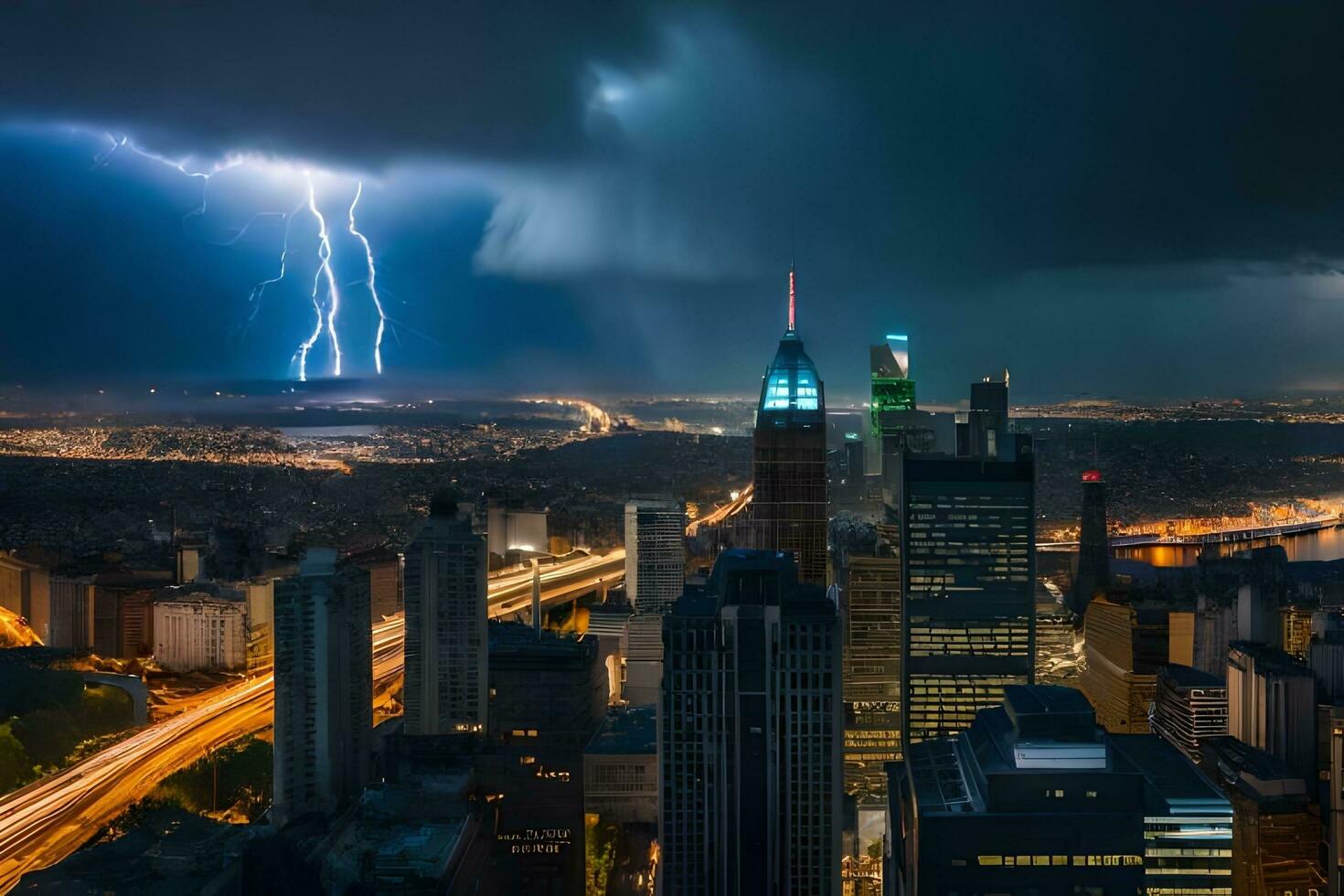 lightning strikes over the city of philadelphia. AI-Generated photo