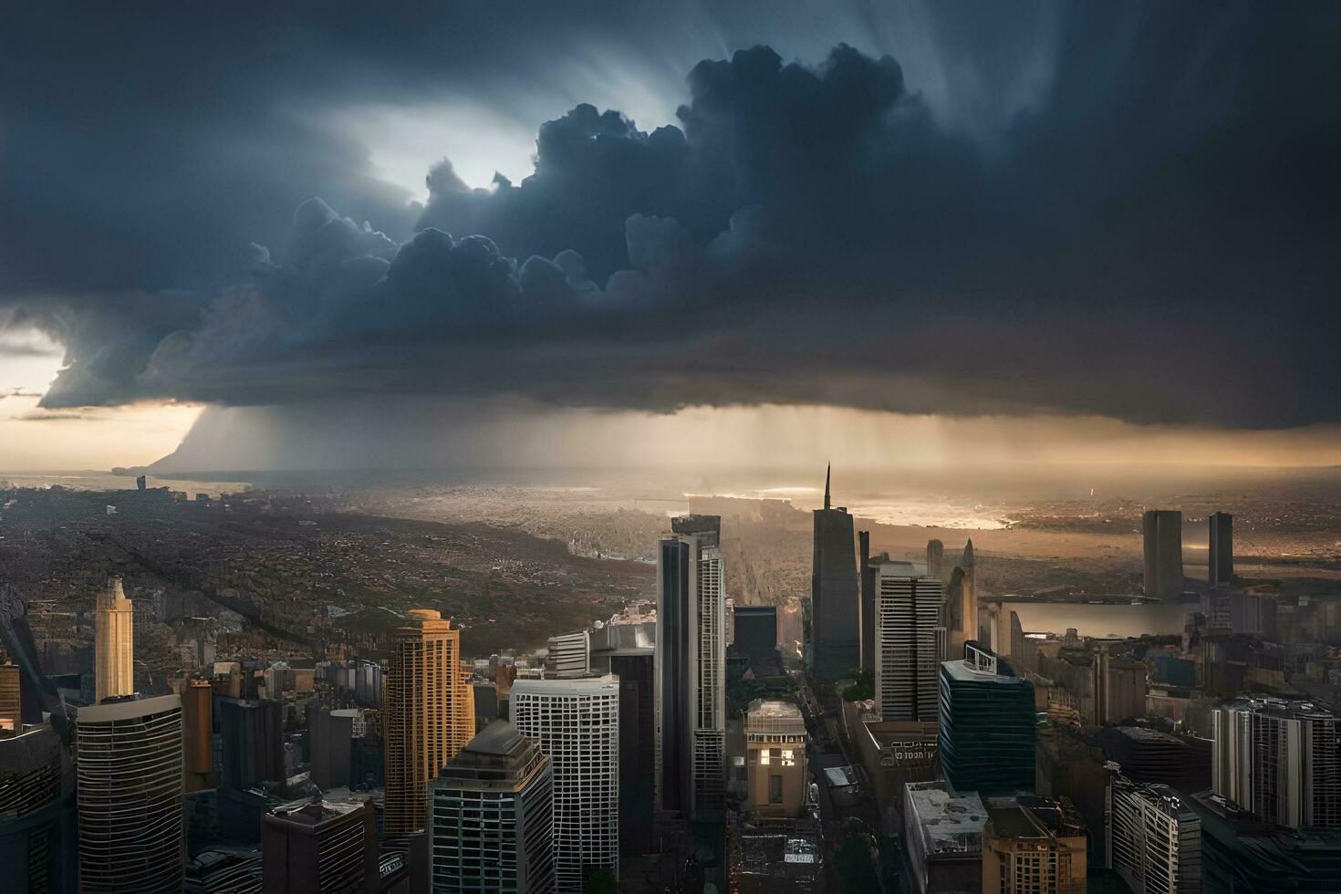 a storm is seen over the city skyline. AI-Generated photo