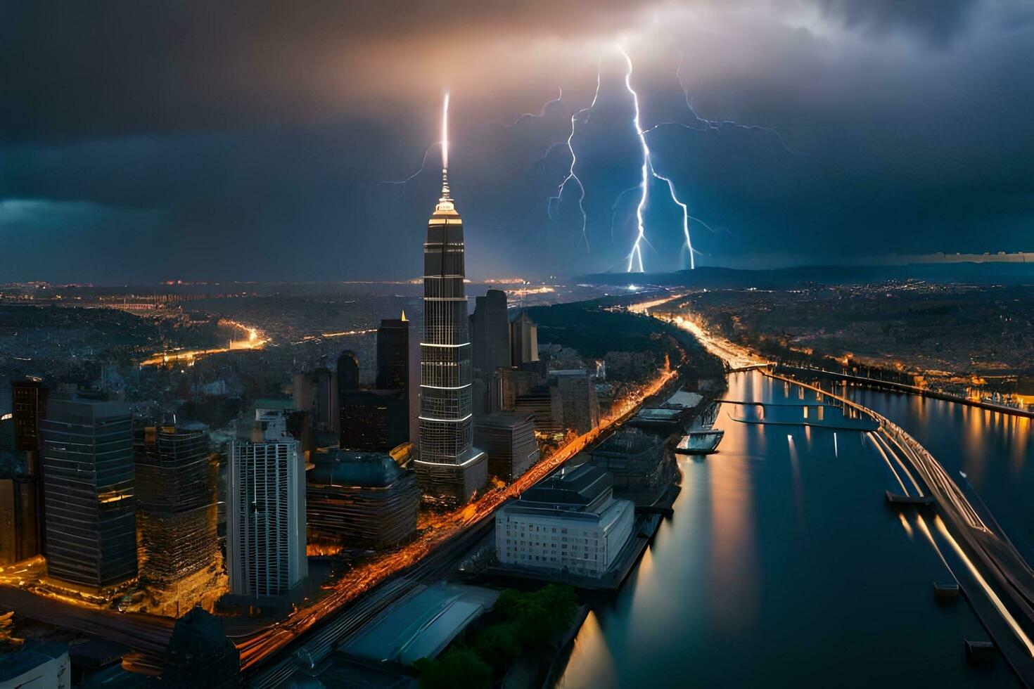 lightning strikes over a city skyline and a river. AI-Generated photo
