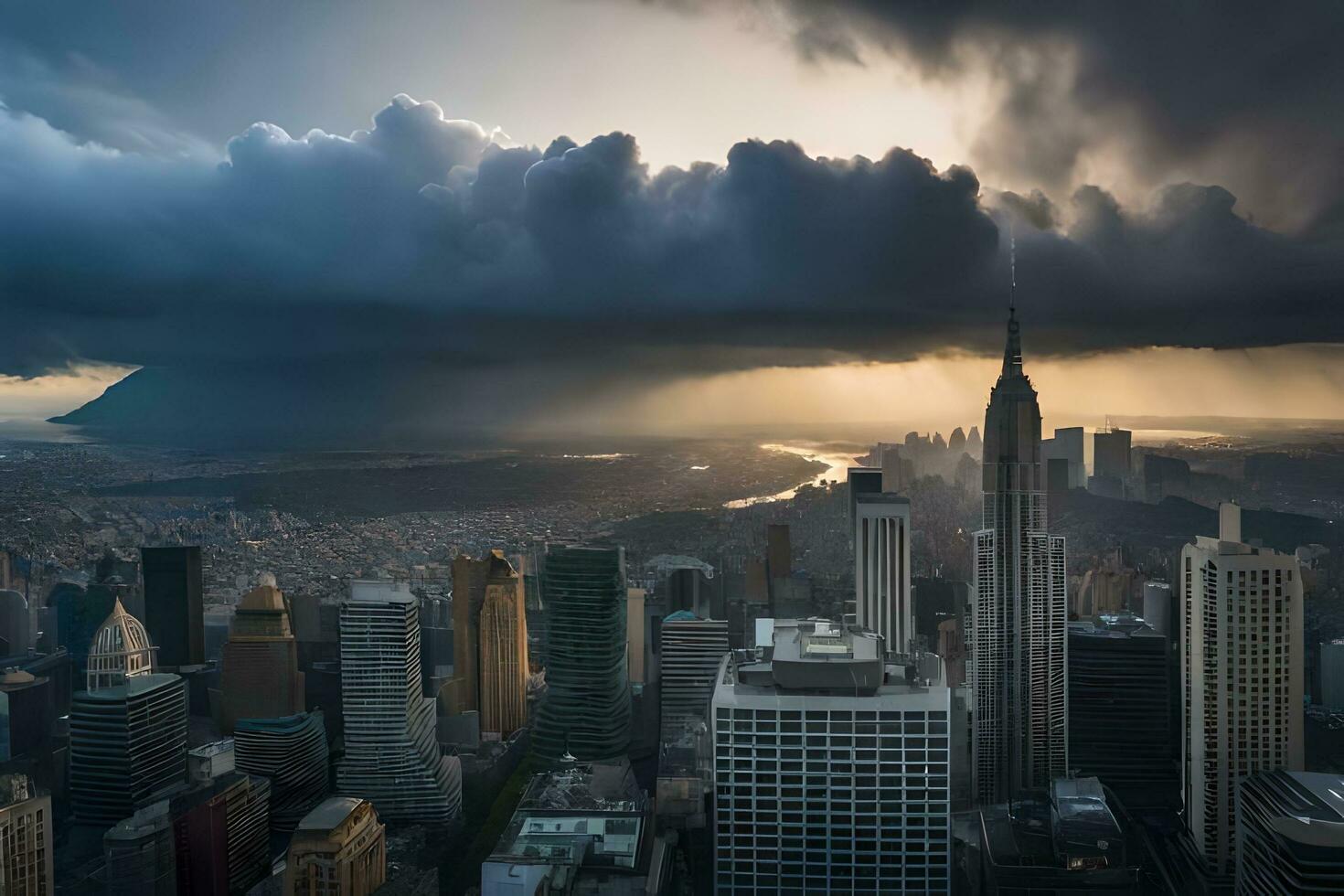 un Tormentoso cielo terminado nuevo York ciudad. generado por ai foto