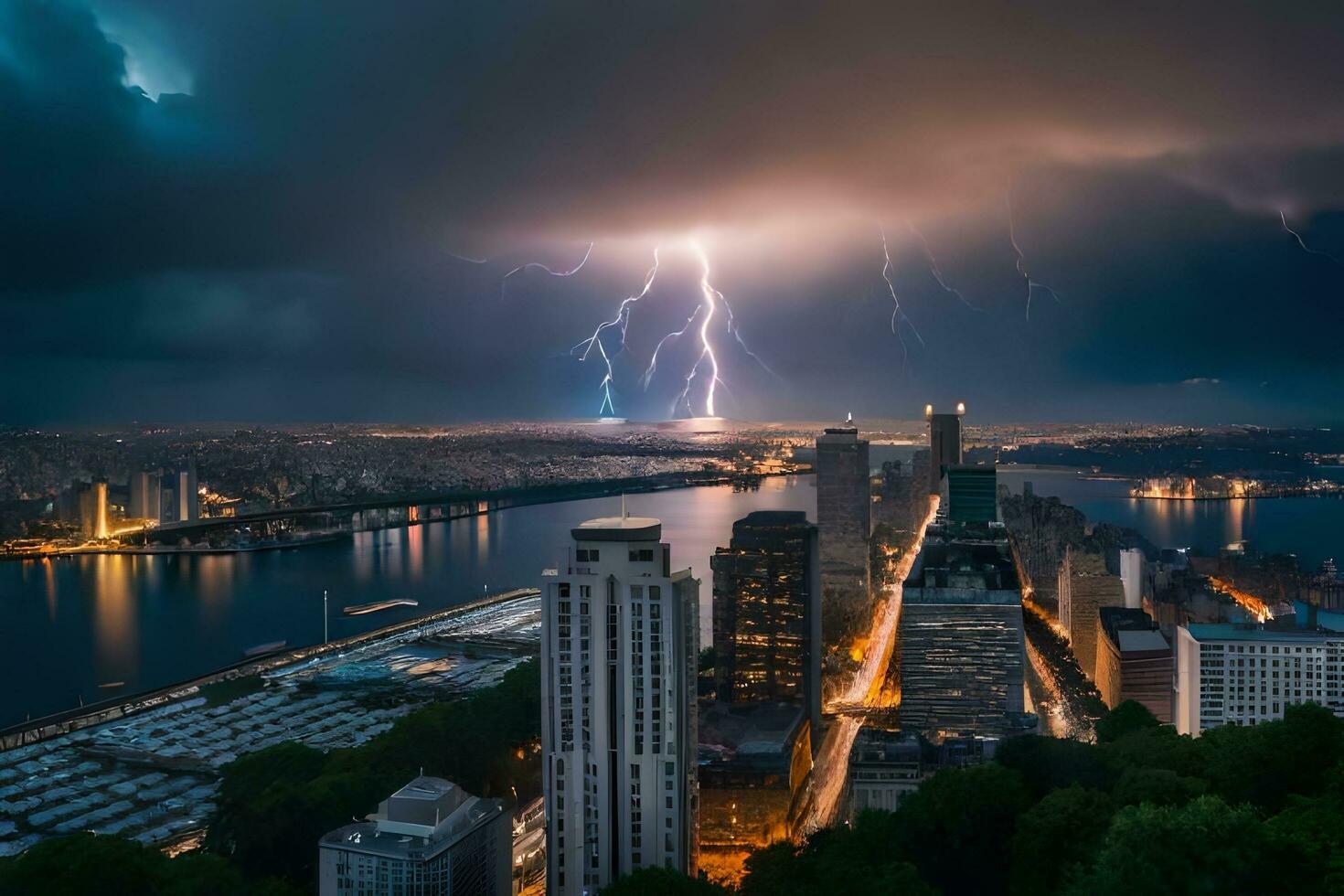 lightning strikes over new york city. AI-Generated photo