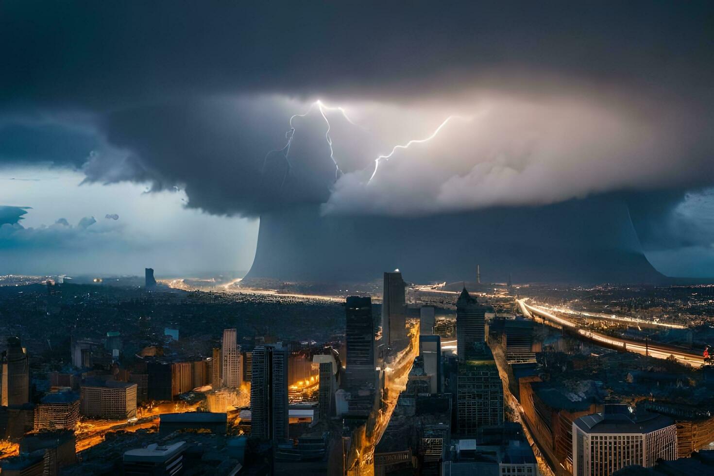 a large storm is seen over a city. AI-Generated photo