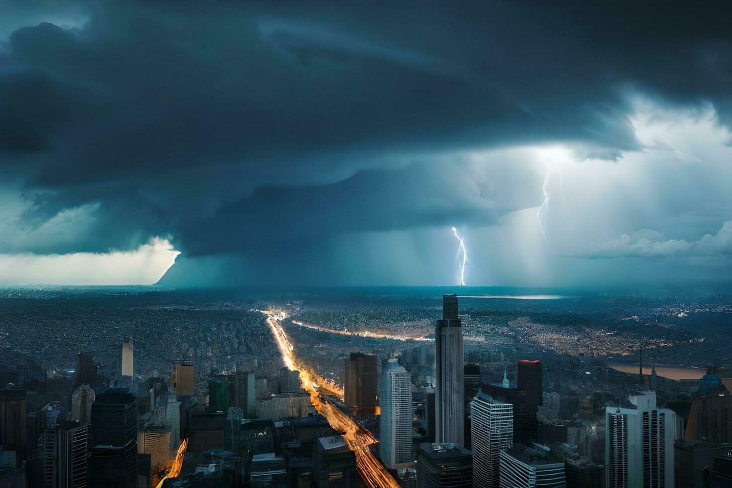 a storm is seen over a city with a lightning bolt. AI-Generated photo