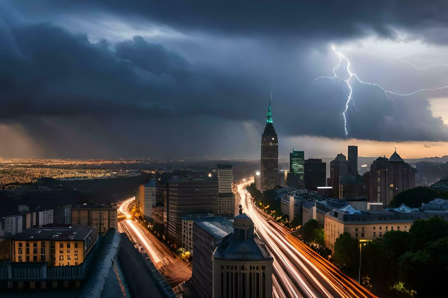 lightning strikes over the city of berlin, germany. AI-Generated photo