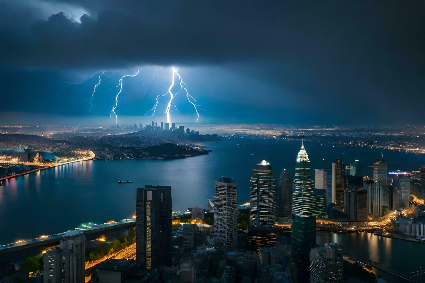 lightning strikes over the city of hong kong. AIGenerated 32299811
