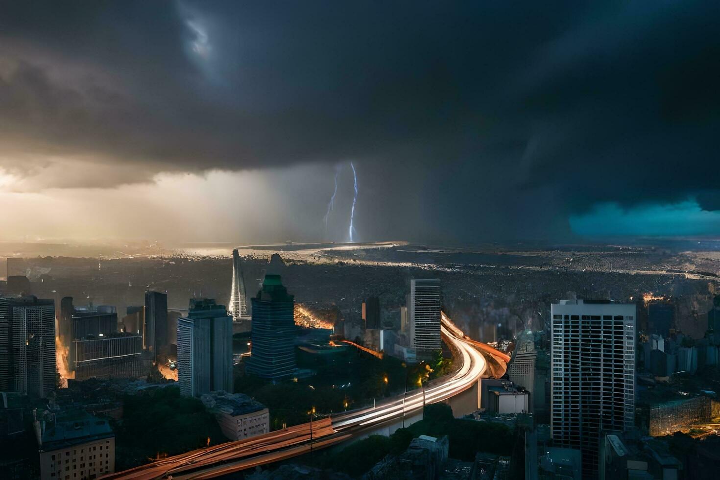un tormenta es visto terminado un ciudad con un ligero camino. generado por ai foto