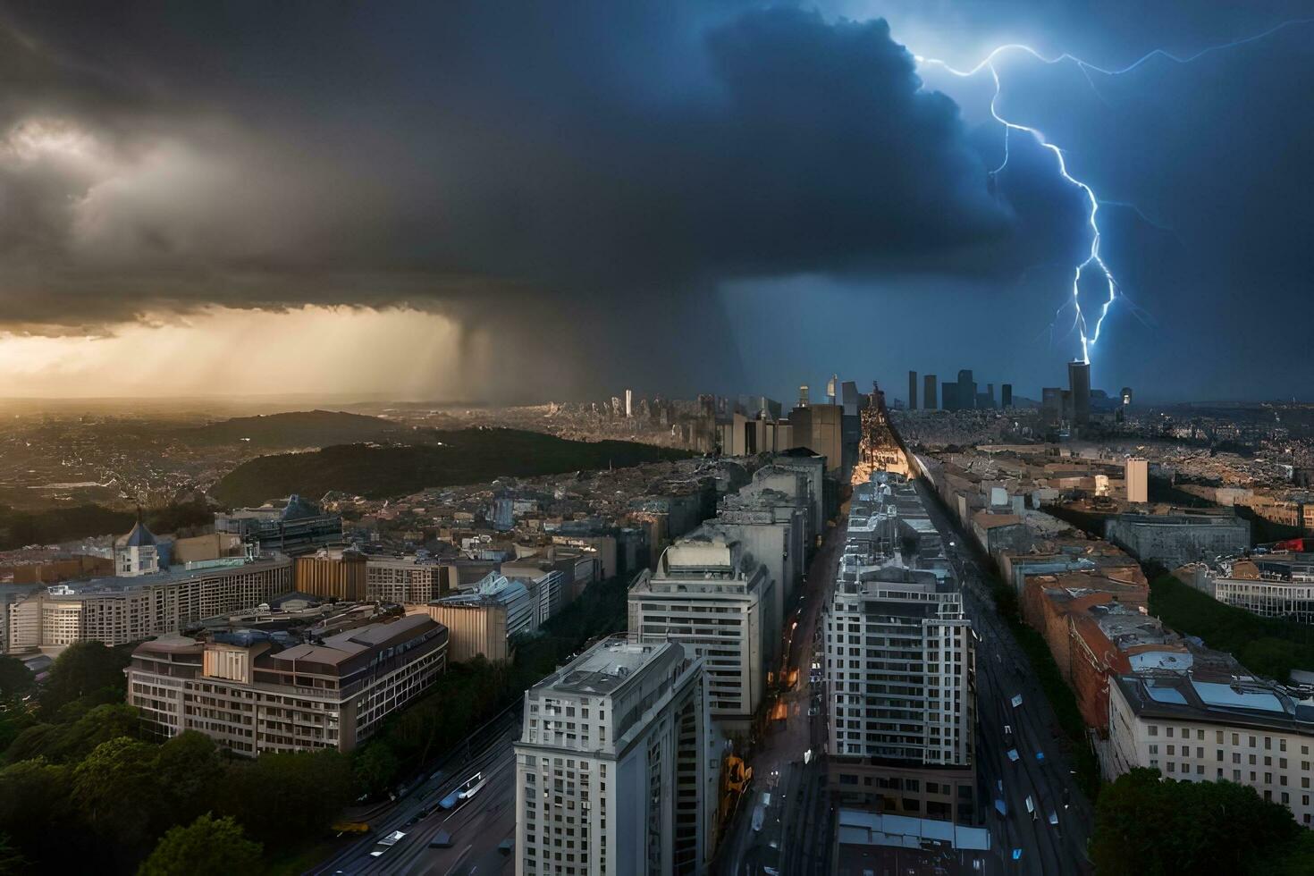 a lightning bolt strikes over a city at sunset. AI-Generated photo