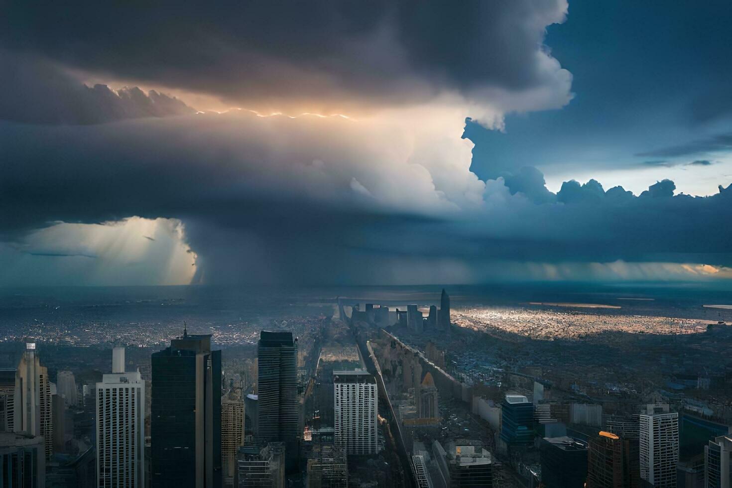 un tormenta es visto terminado un ciudad con alto edificios generado por ai foto