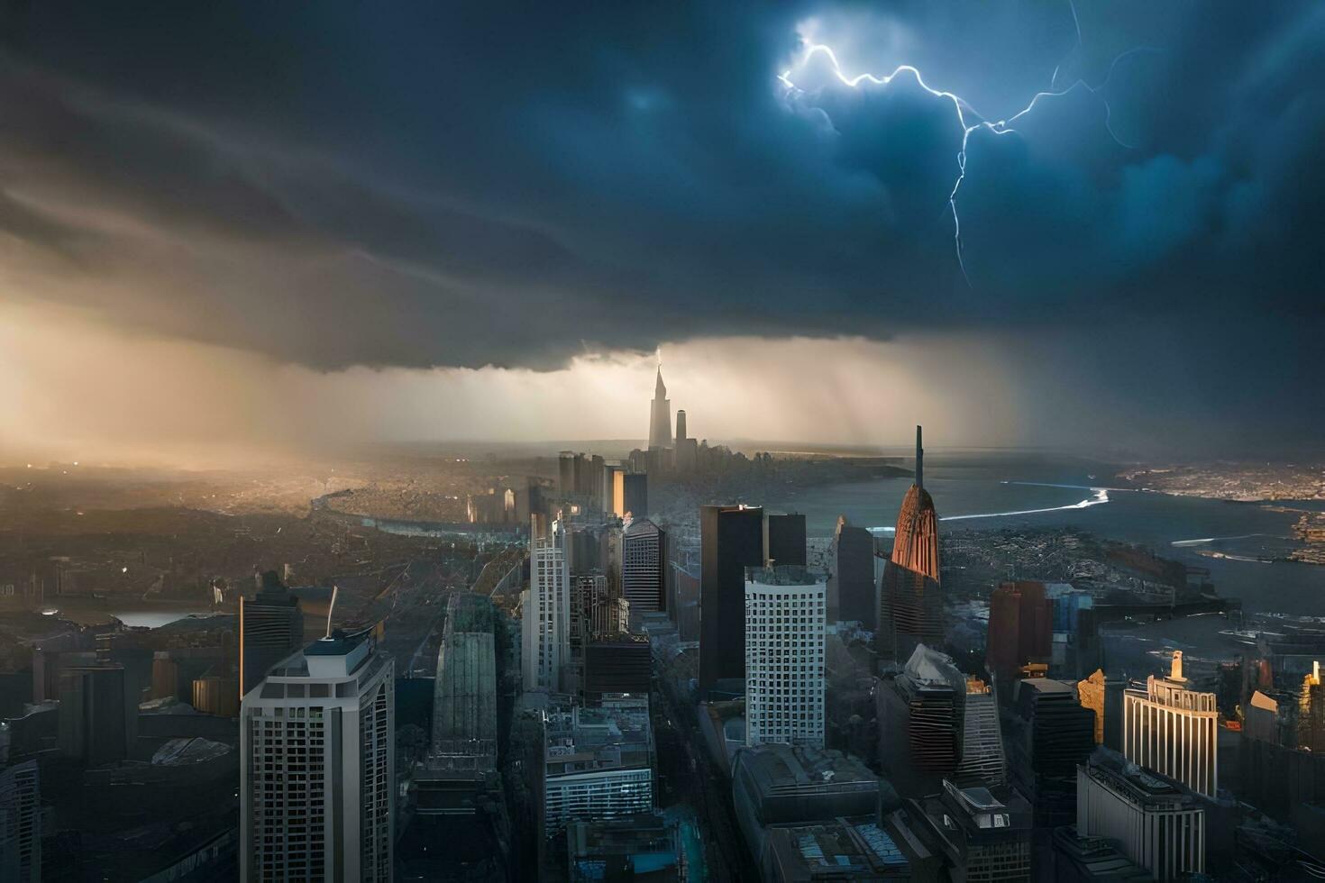 a storm is seen over a city with lightning. AI-Generated photo