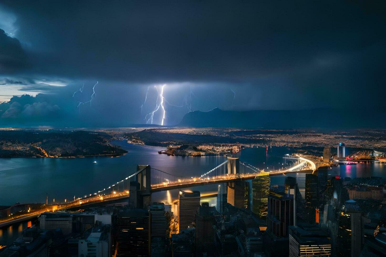 lightning strikes over new york city and manhattan bridge. AI-Generated photo