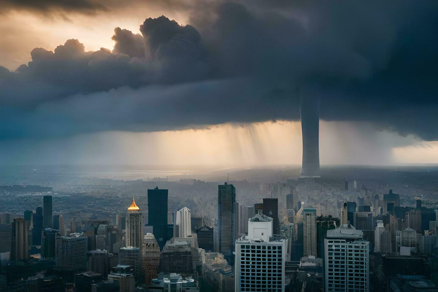 un grande tormenta es visto terminado un ciudad. generado por ai foto