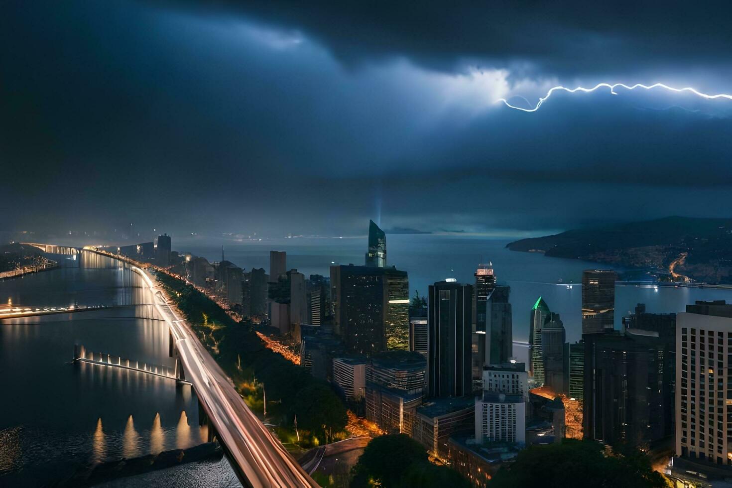 lightning strikes over the city of hong kong. AIGenerated 32299936