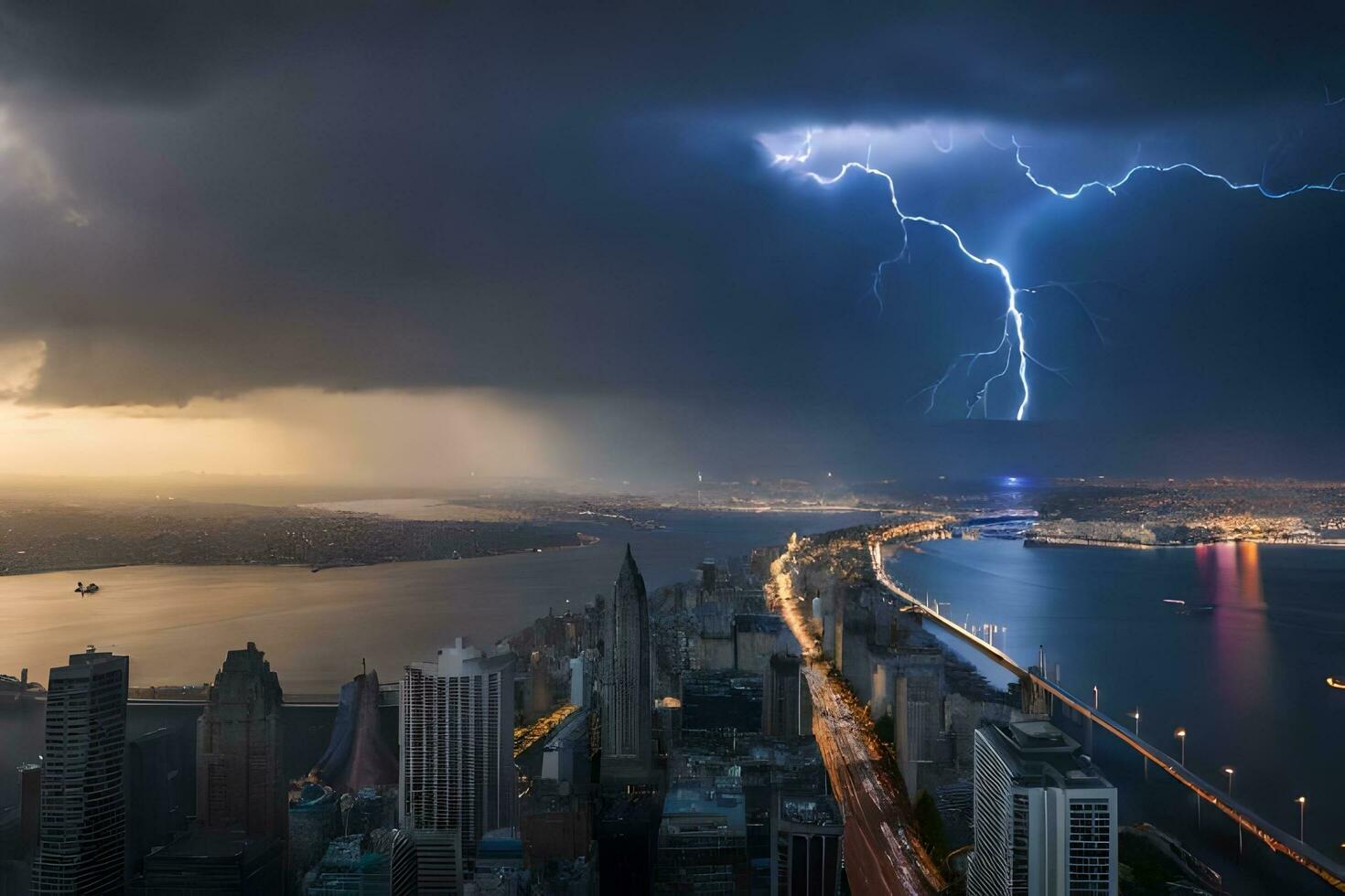 lightning strikes over new york city. AI-Generated photo