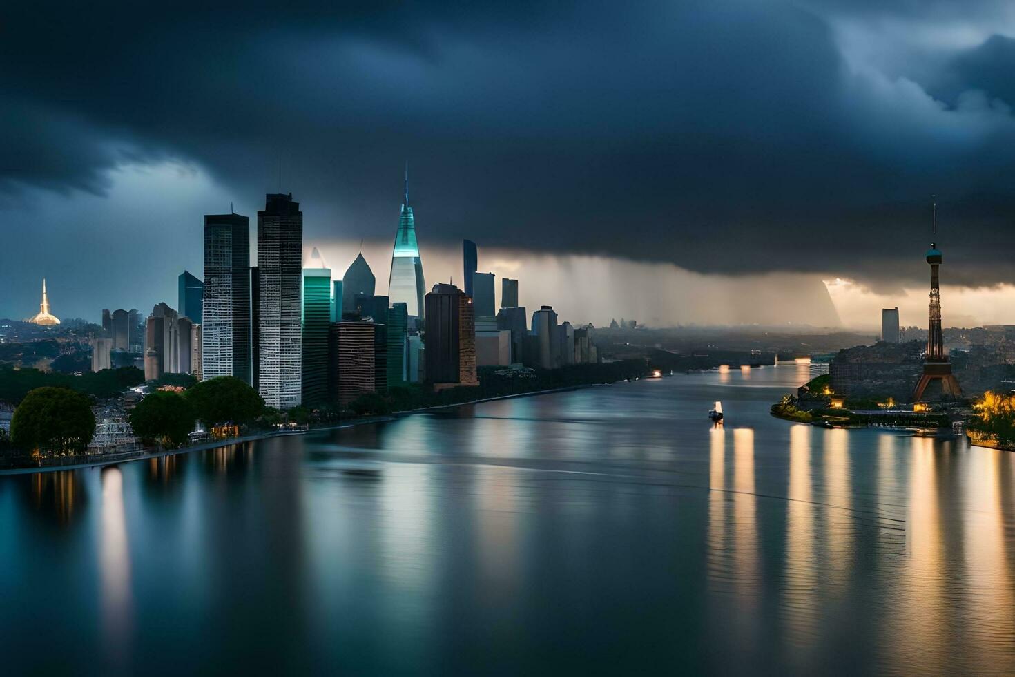 a city skyline with a stormy sky over the water. AI-Generated photo