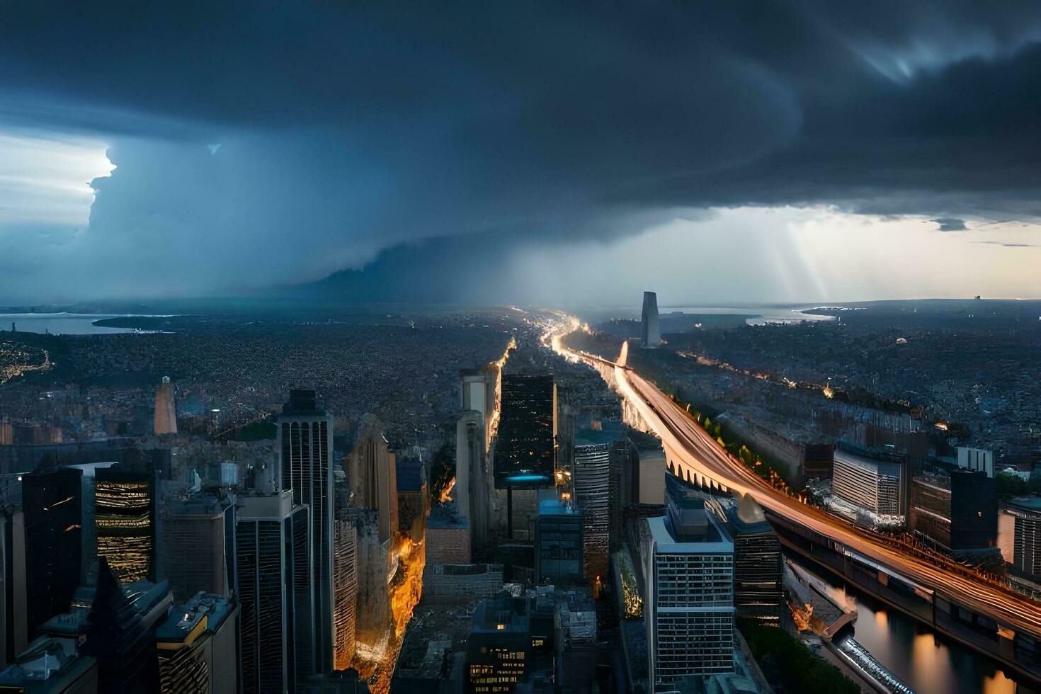 a storm is seen over a city with a highway and buildings. AI-Generated photo