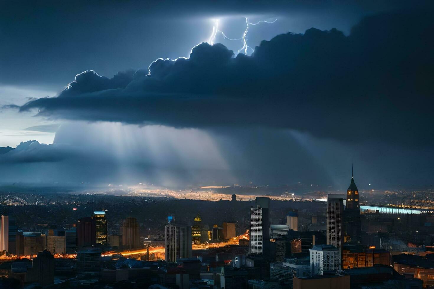 lightning strikes over a city at night. AI-Generated photo