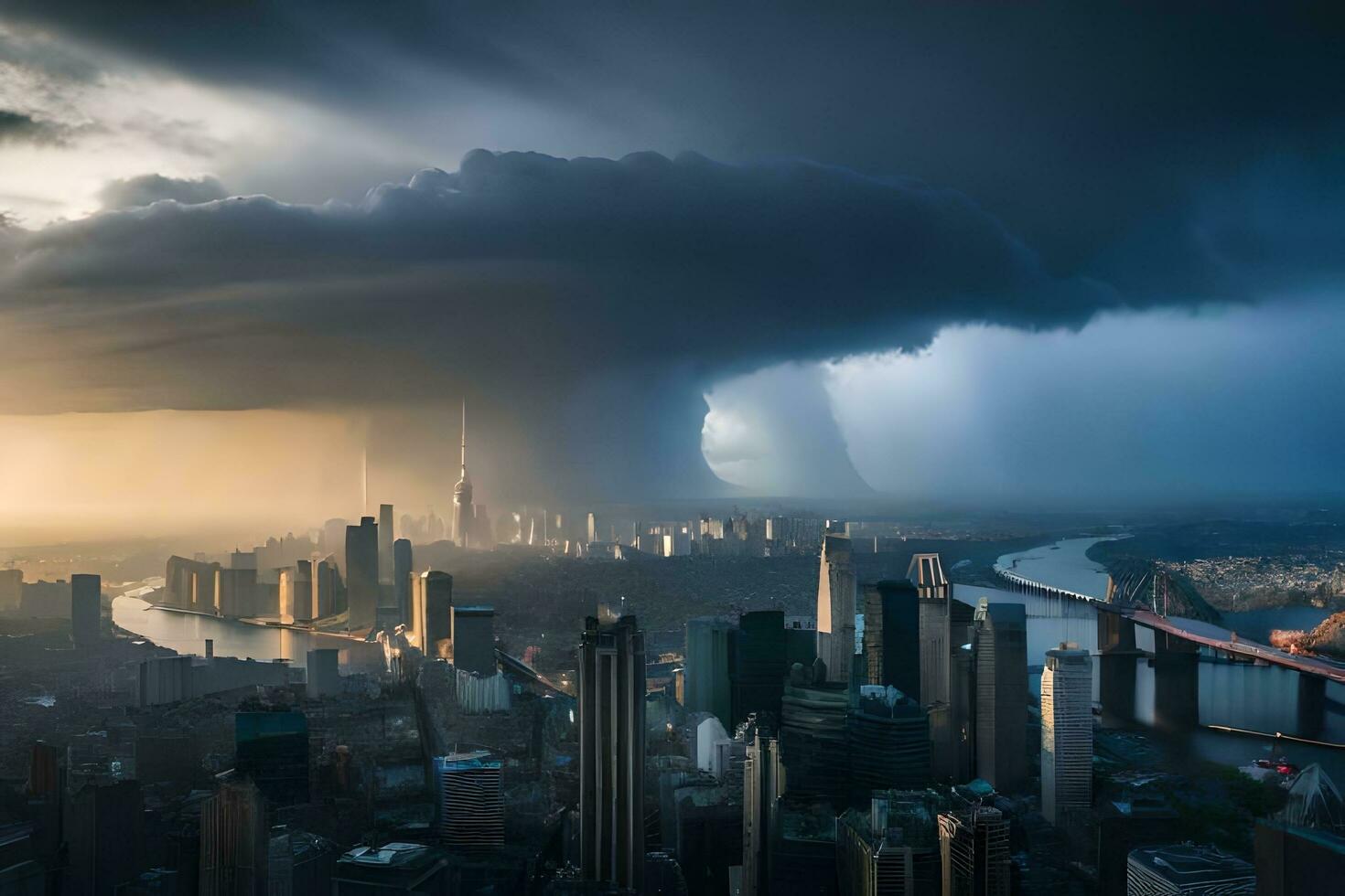 a storm is seen over a city with tall buildings. AI-Generated photo
