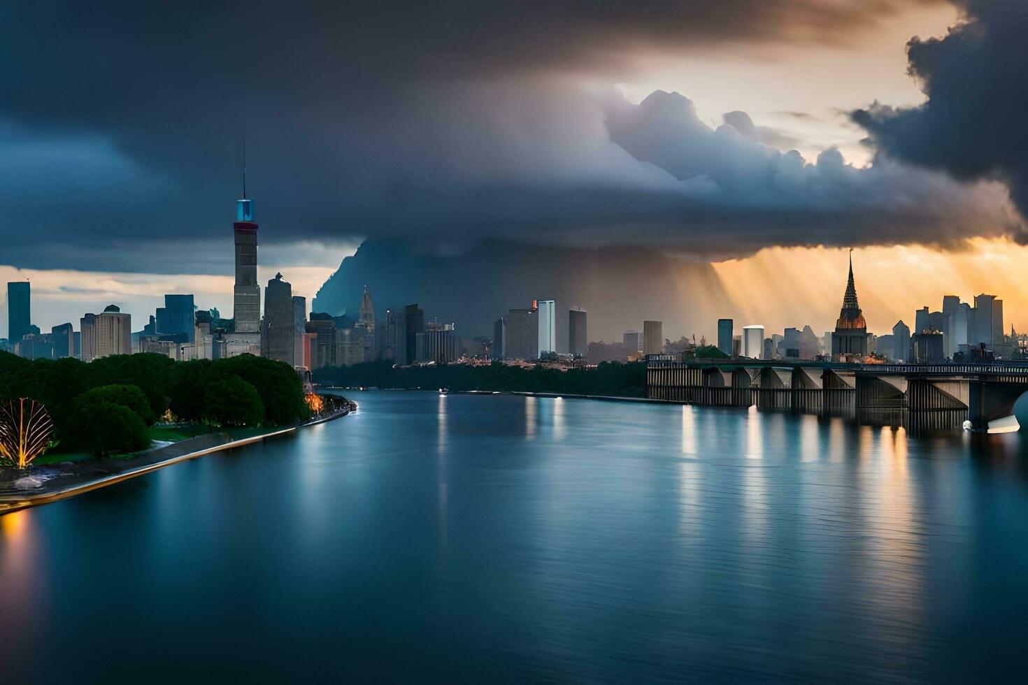 a city skyline with a river and a bridge under a cloudy sky. AI-Generated photo