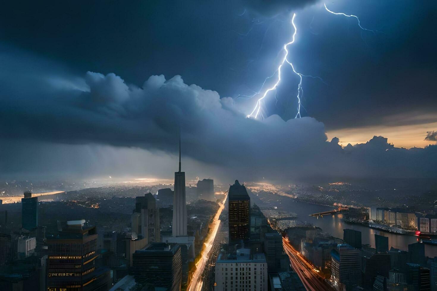 lightning strikes over new york city. AI-Generated photo