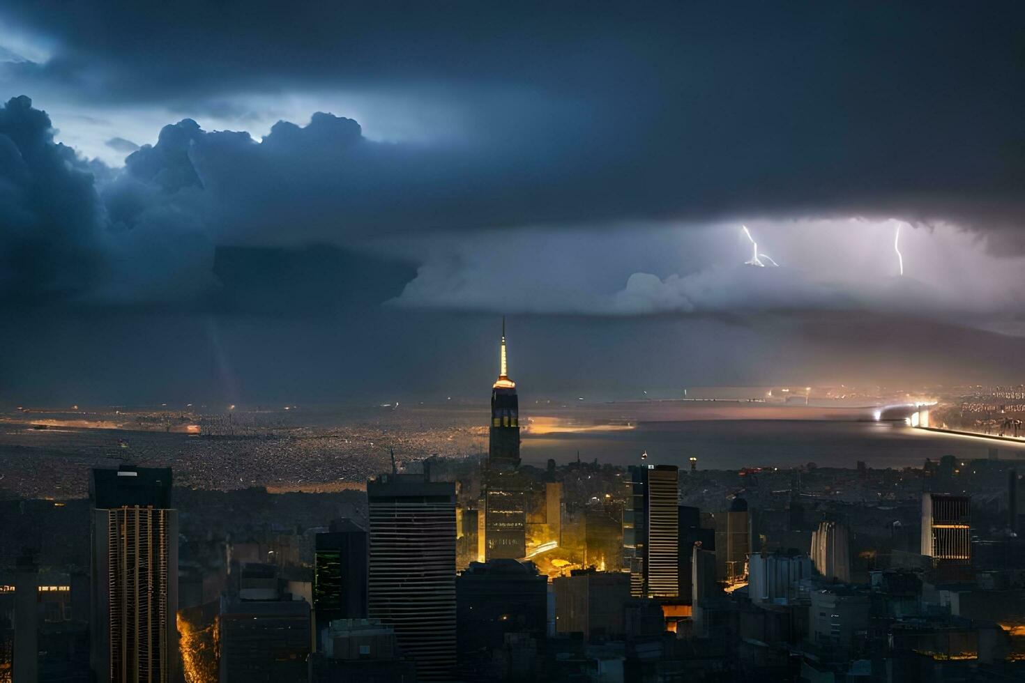 lightning strikes over new york city. AI-Generated photo