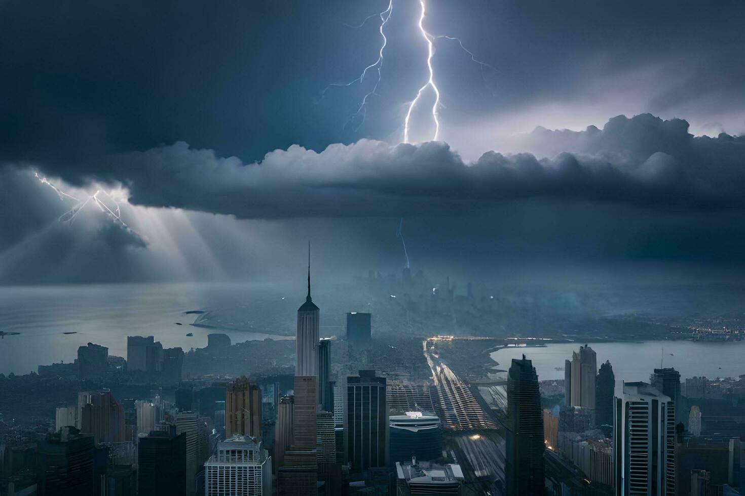 a lightning bolt strikes through the clouds over a city. AI-Generated photo