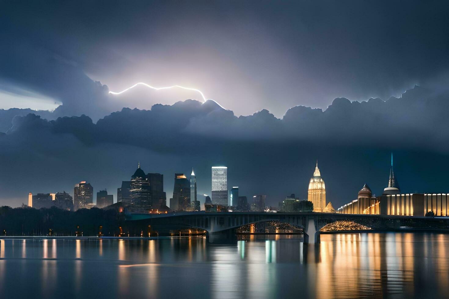 a stormy night with lightning and clouds over a city. AI-Generated photo