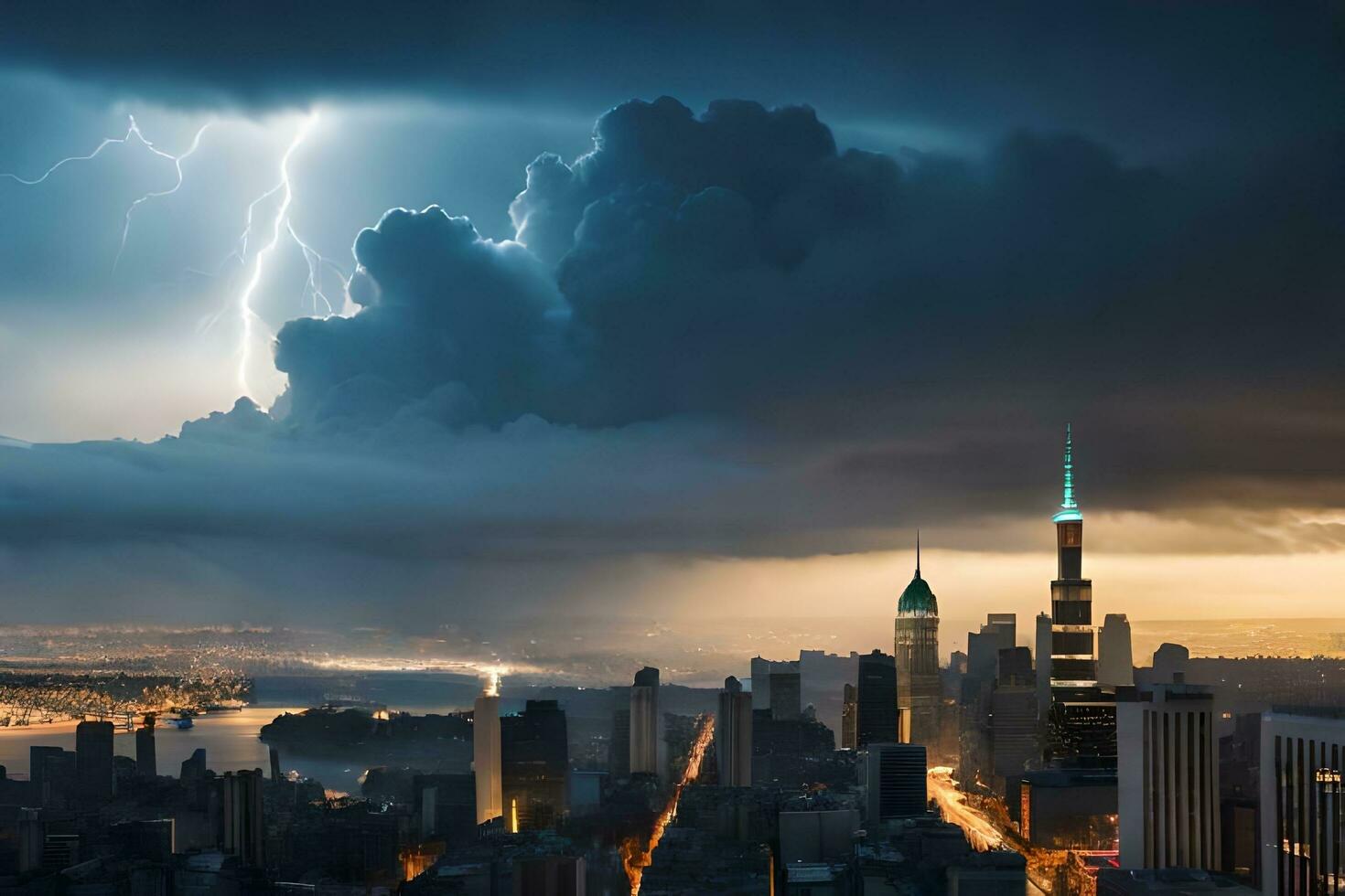 a city with a lightning bolt coming from the sky. AI-Generated photo