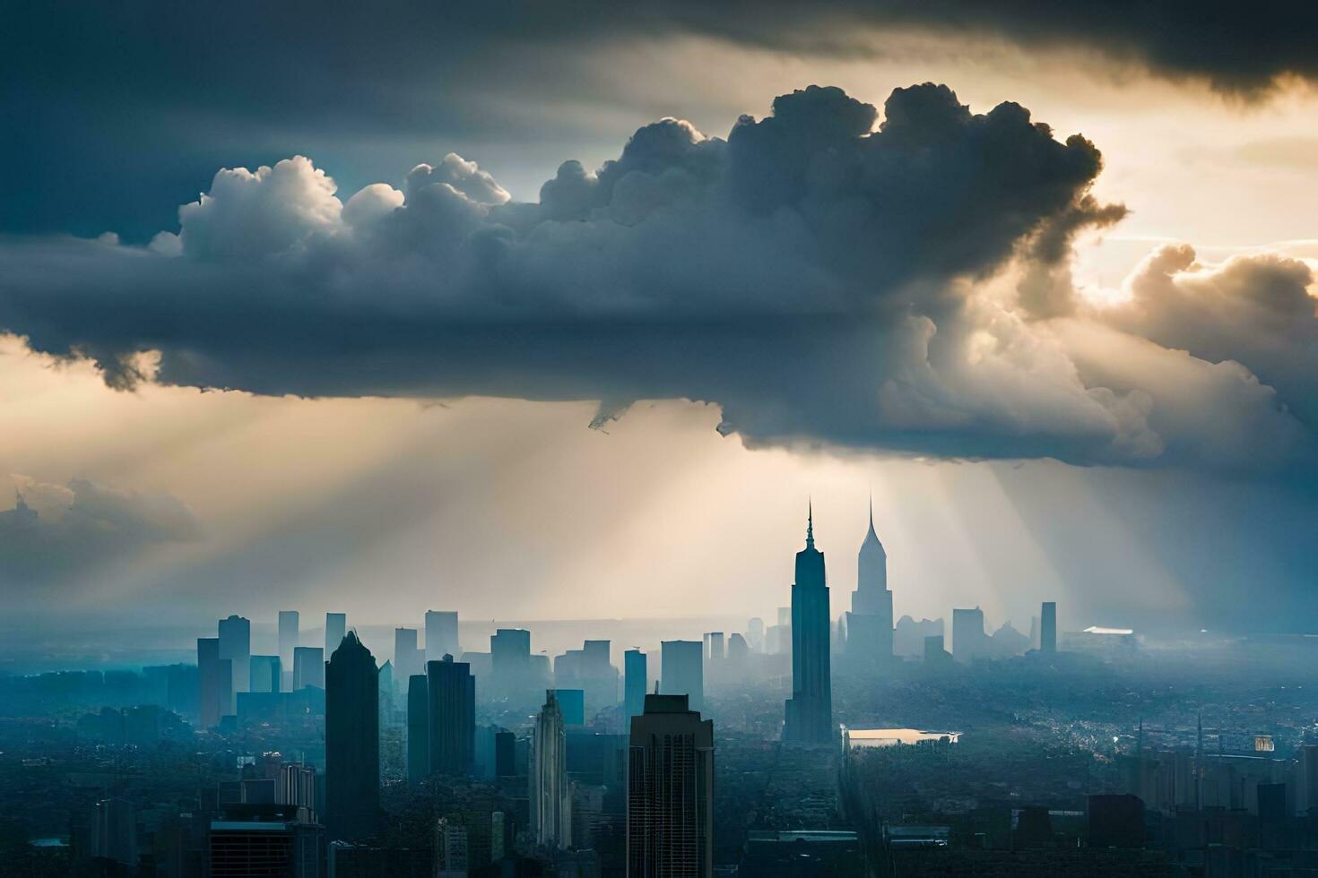a city skyline with clouds and sun rays. AI-Generated photo