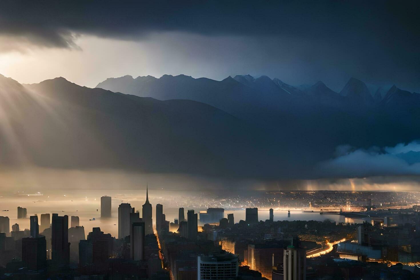 un paisaje urbano con montañas y Dom rayos brillante mediante el nubes generado por ai foto