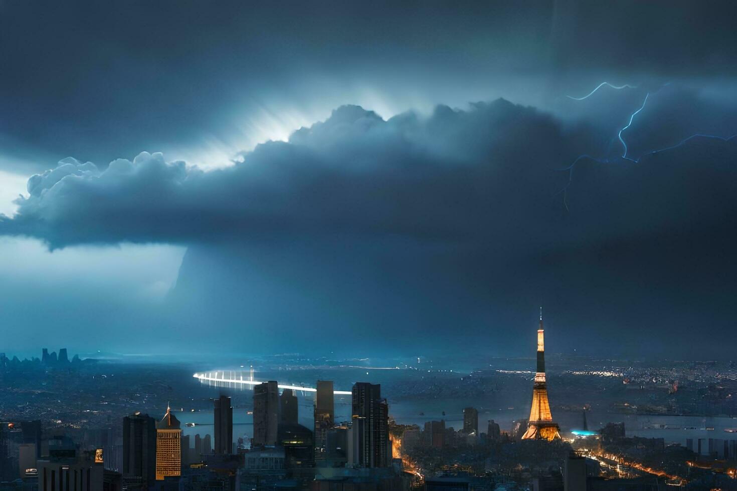 a stormy sky over a city with a tower in the foreground. AI-Generated photo