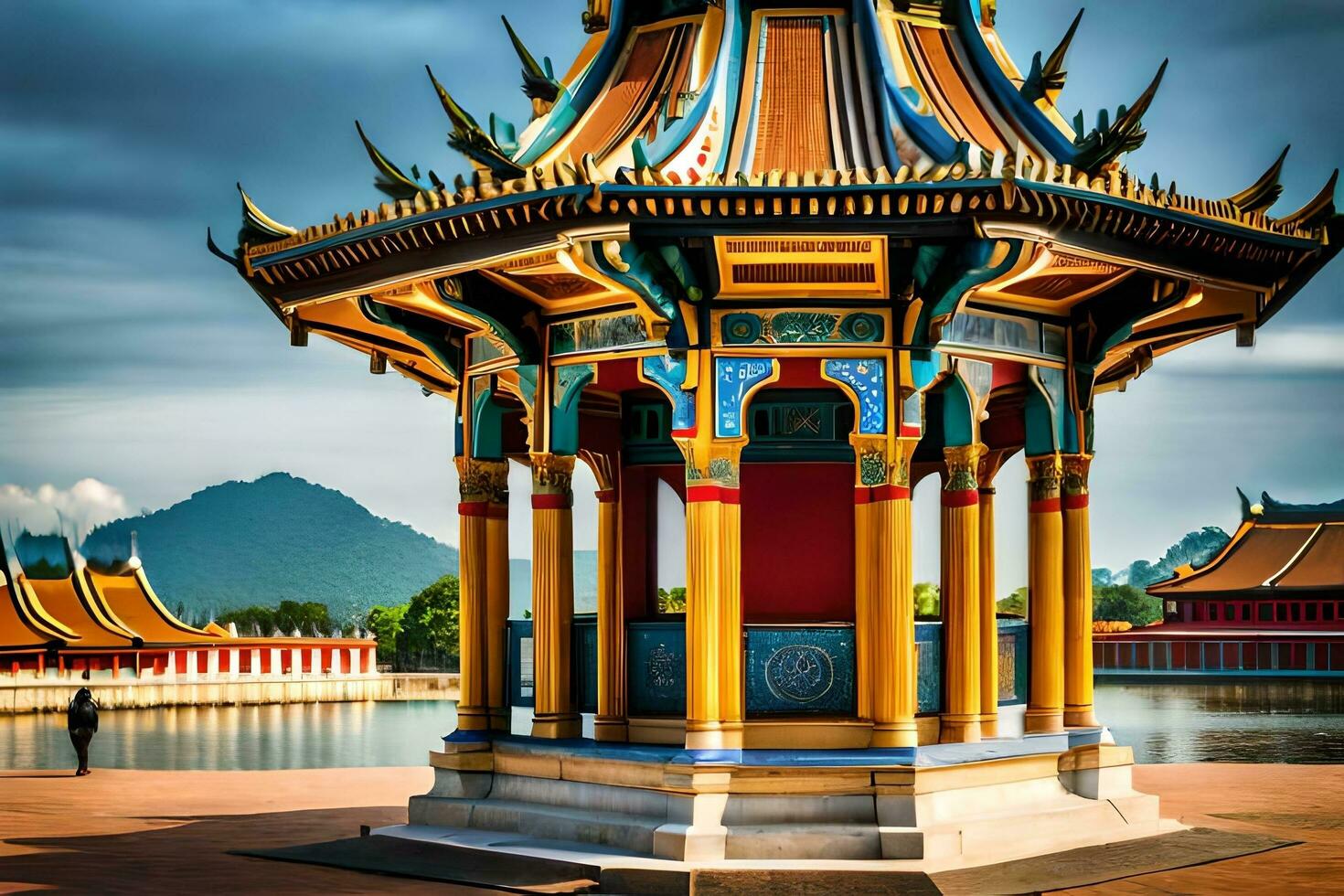 a pagoda sits in the middle of a lake. AI-Generated photo