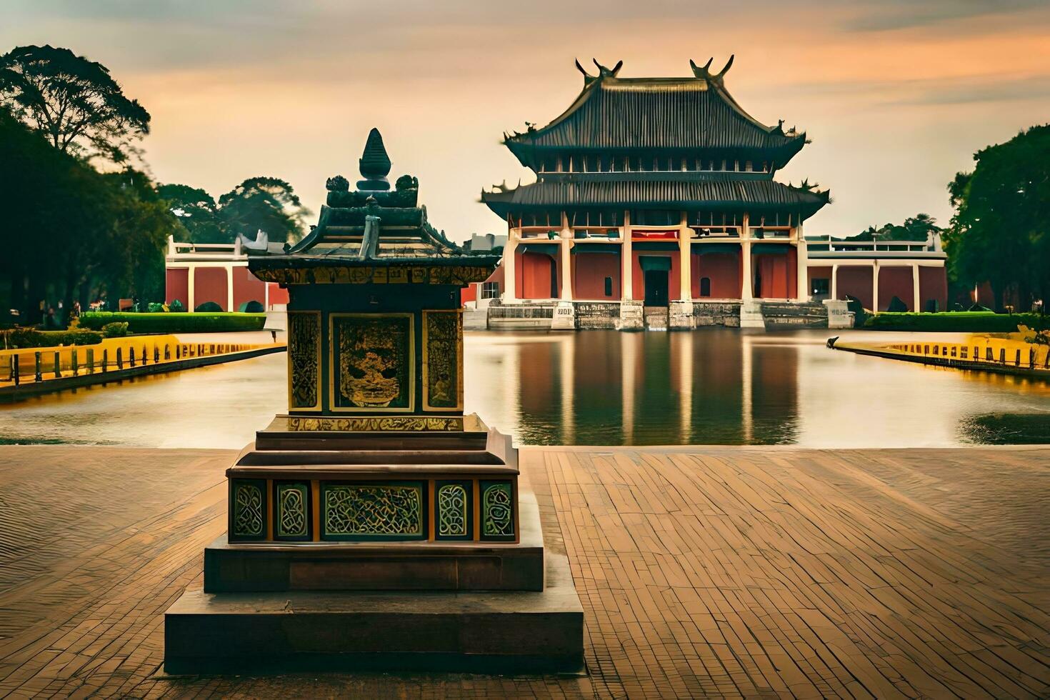 a chinese temple with a pond and a statue in front. AI-Generated photo