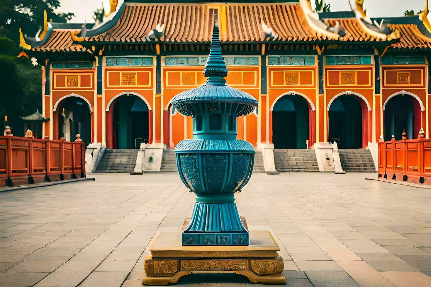 a large blue vase in front of a building. AI-Generated photo