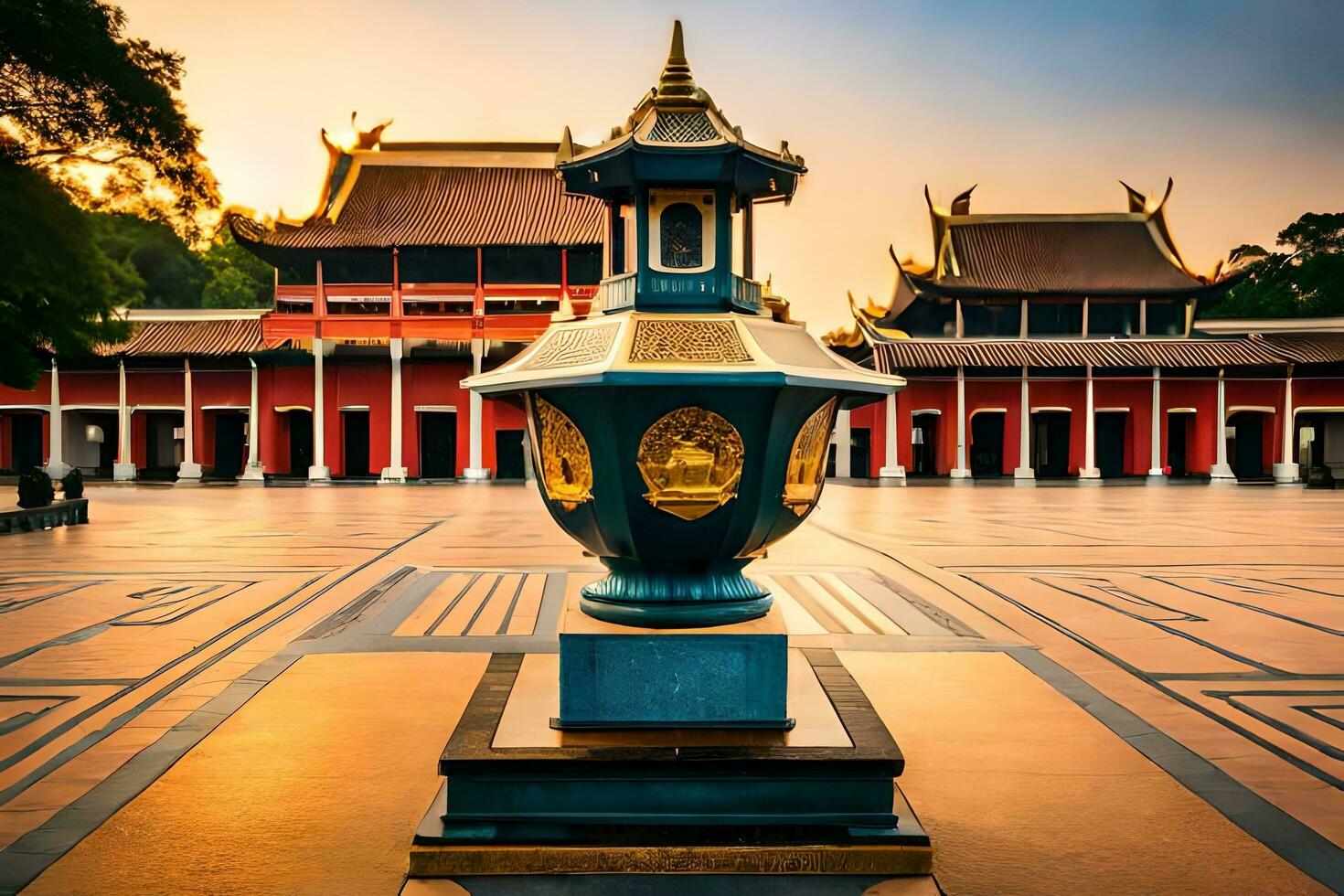 a large red building with a golden statue in front. AI-Generated photo