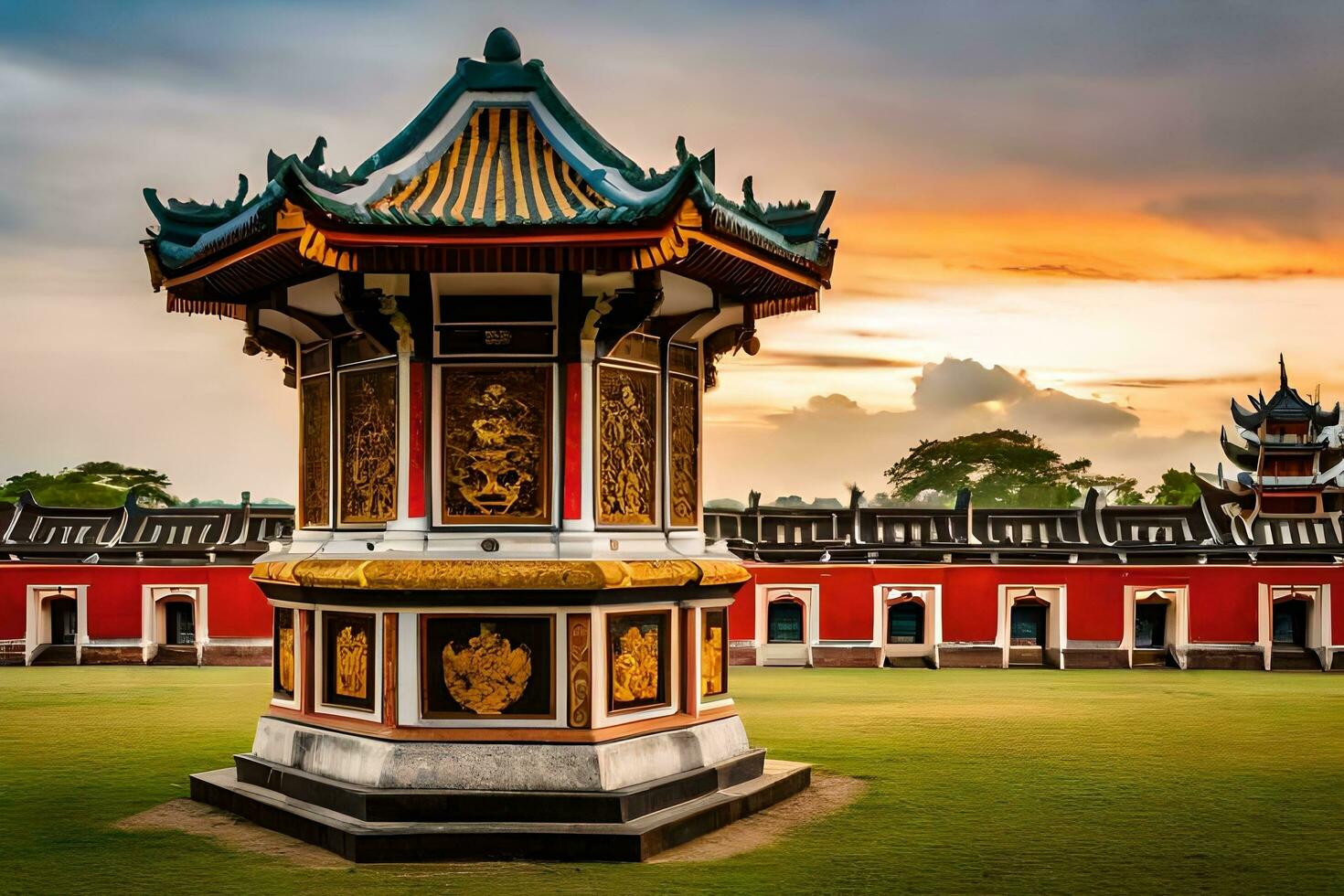 a red and gold pagoda in front of a building. AI-Generated photo