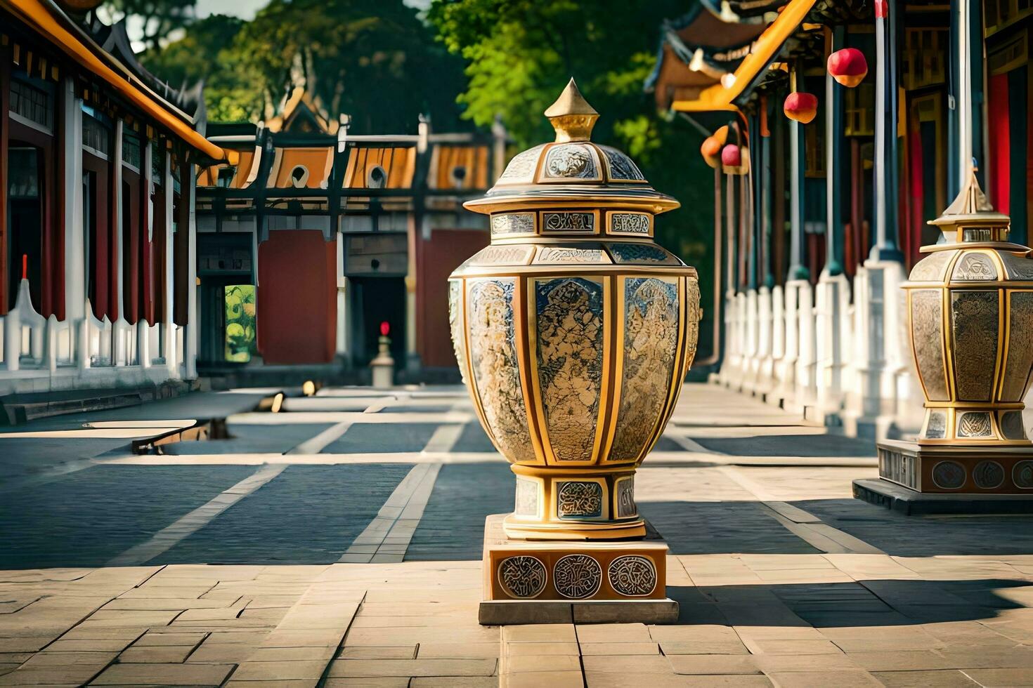 two large vases are sitting on the ground in an oriental style. AI-Generated photo