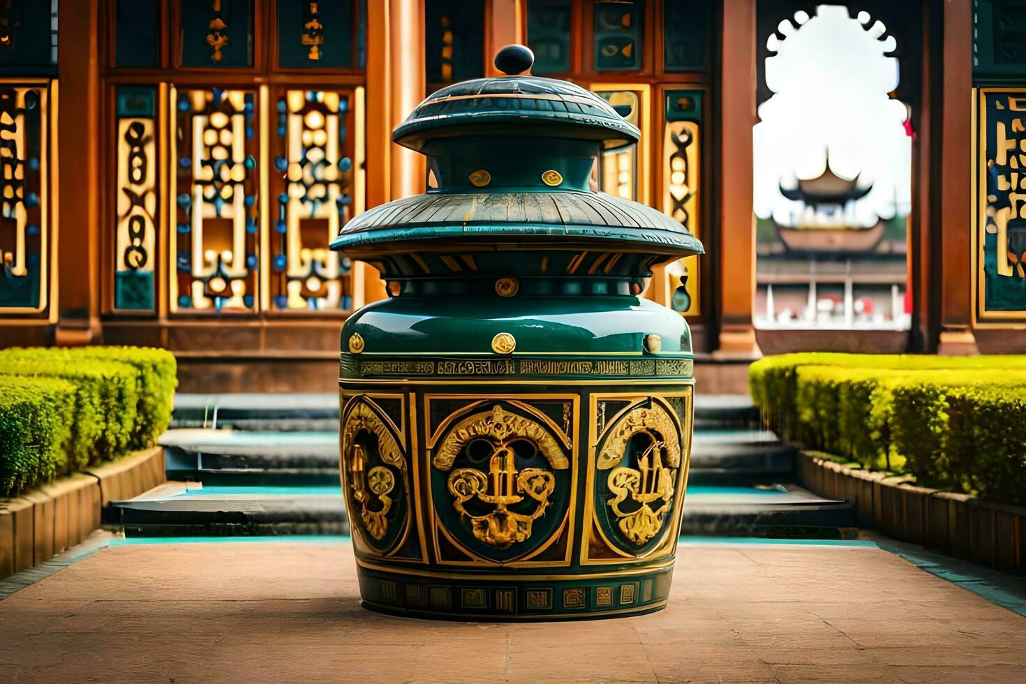 a large green vase sitting in front of a building. AI-Generated photo