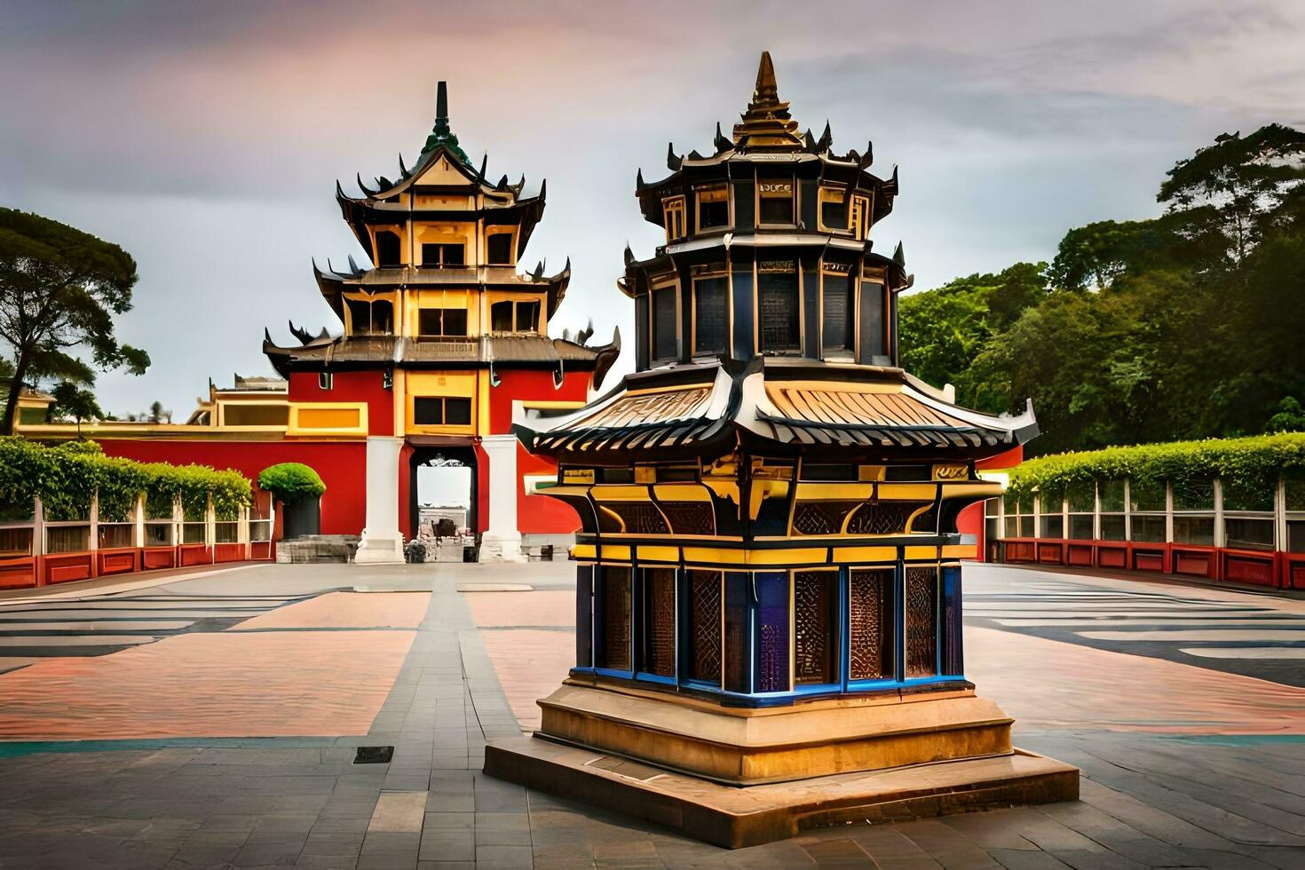 a pagoda in front of a building with a red roof. AI-Generated photo