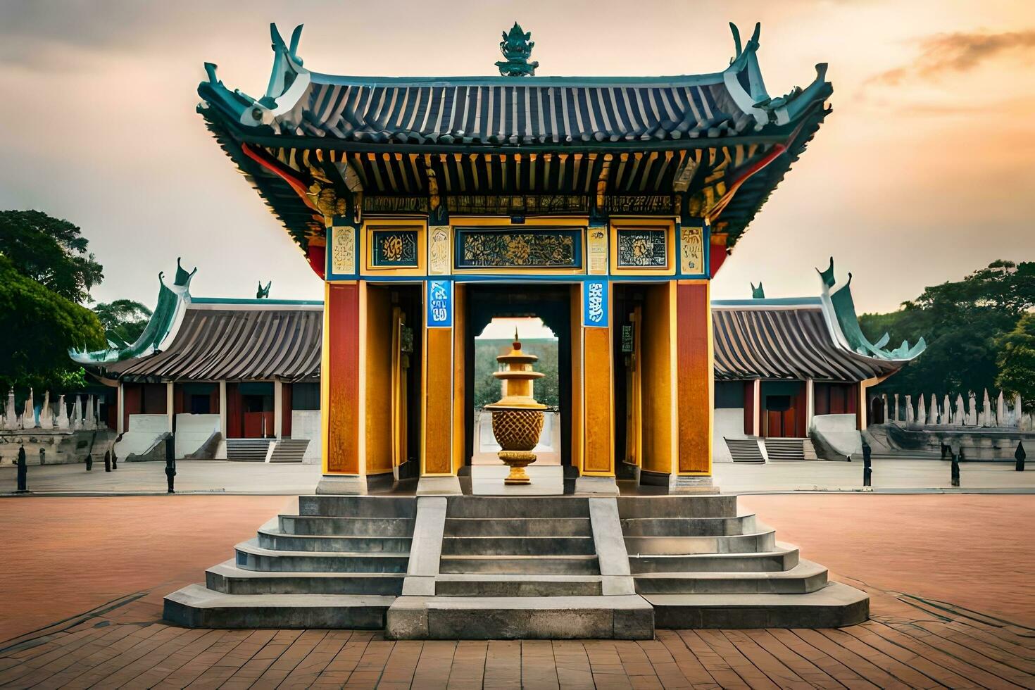 the golden pagoda in the middle of a park. AI-Generated photo