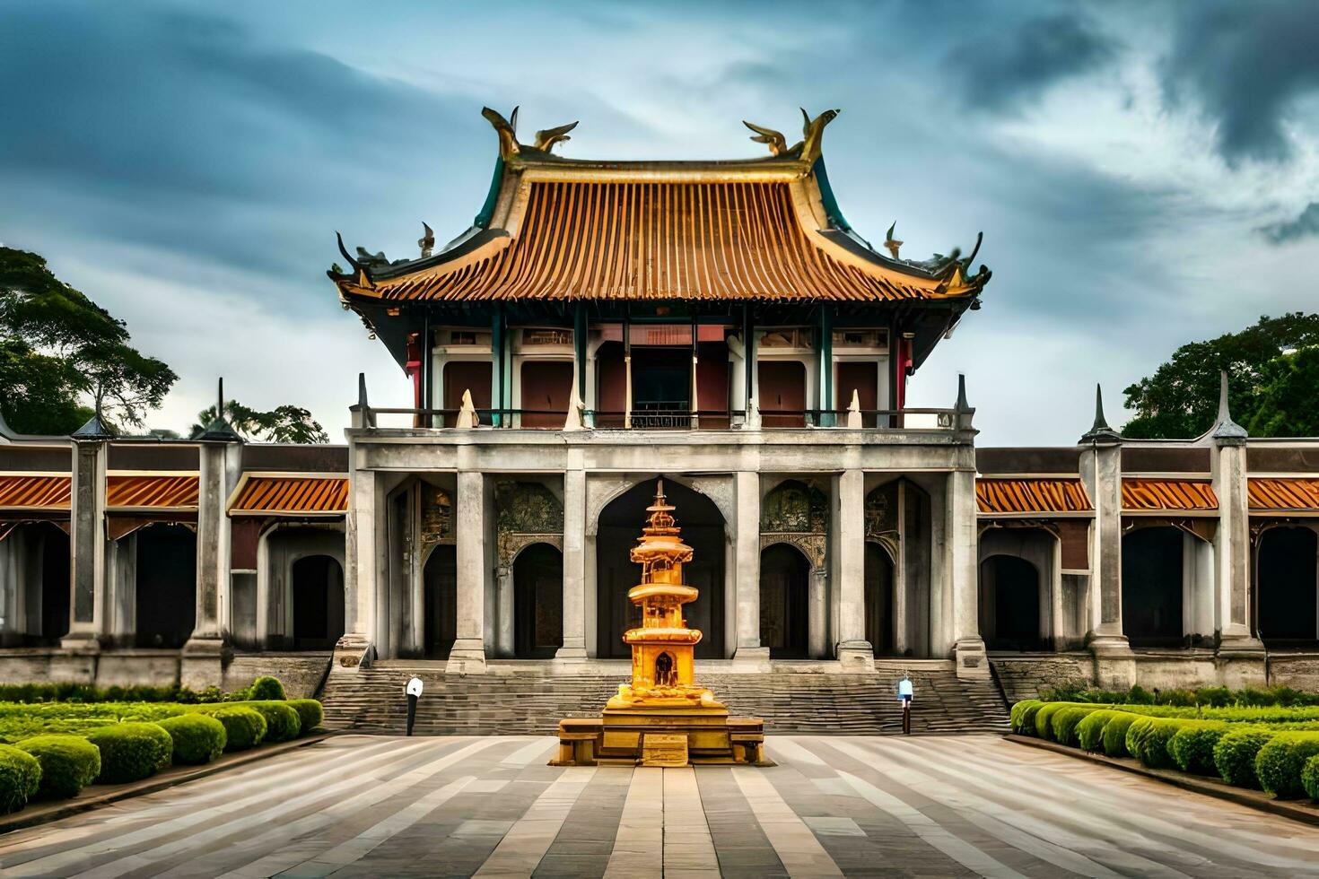 the golden pagoda in the middle of a park. AI-Generated photo