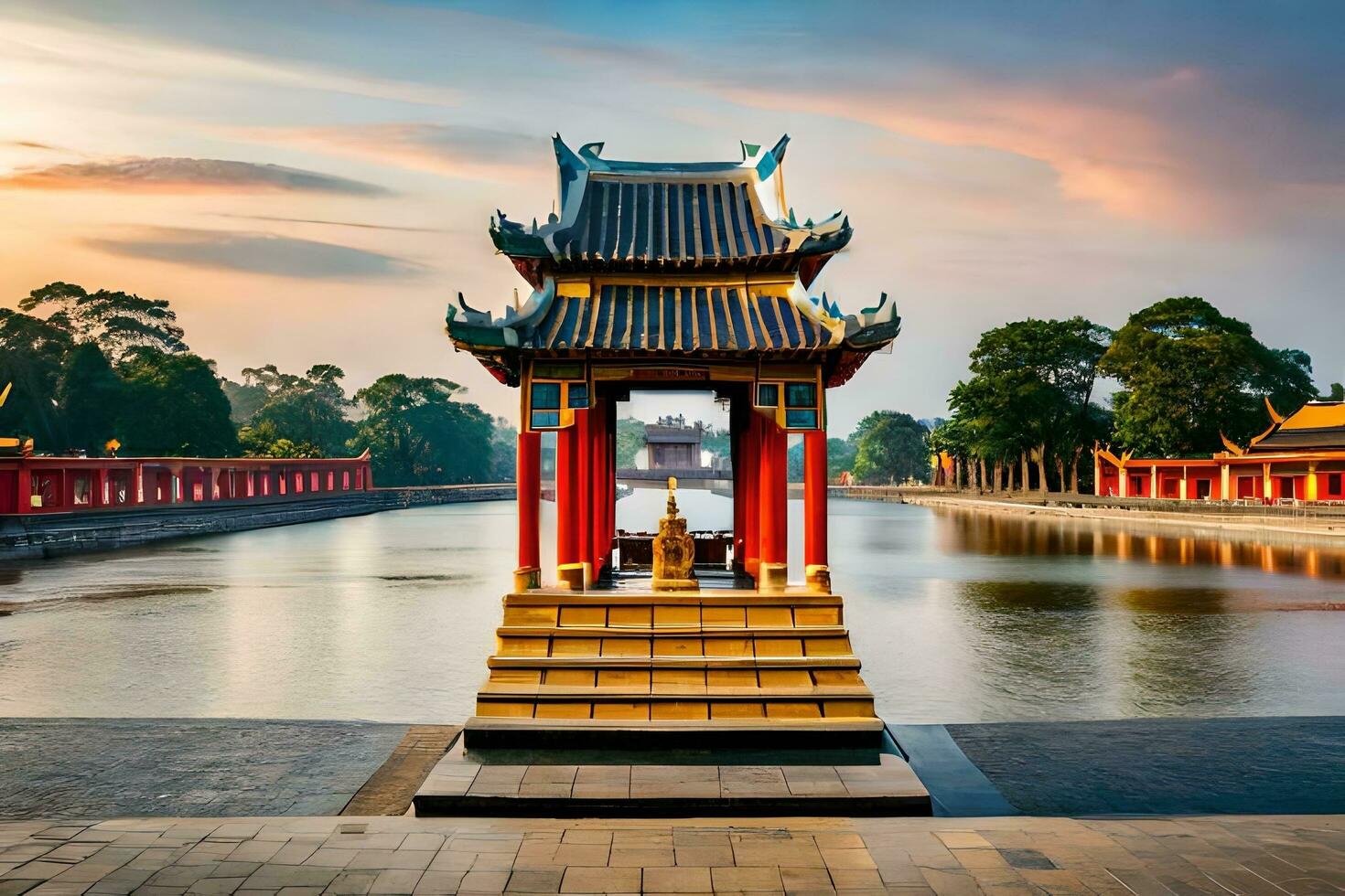 the golden pagoda in the middle of a lake at sunset. AI-Generated photo