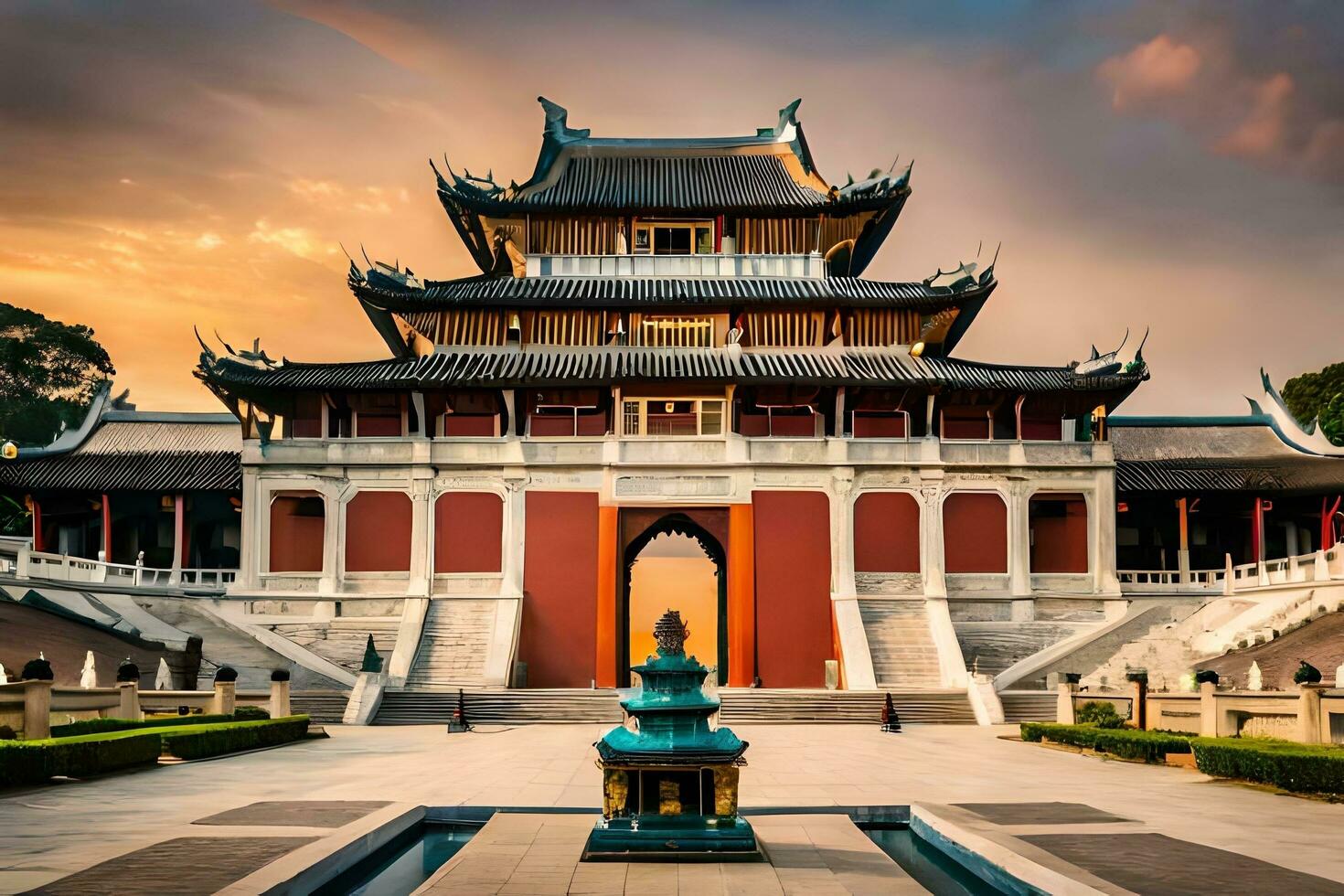 the chinese temple at sunset in hong kong. AI-Generated photo