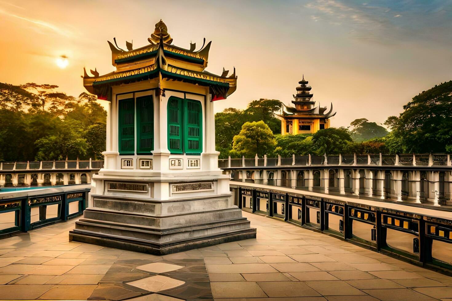 the golden pagoda in the sunset at the royal palace in hoi an, vietnam. AI-Generated photo