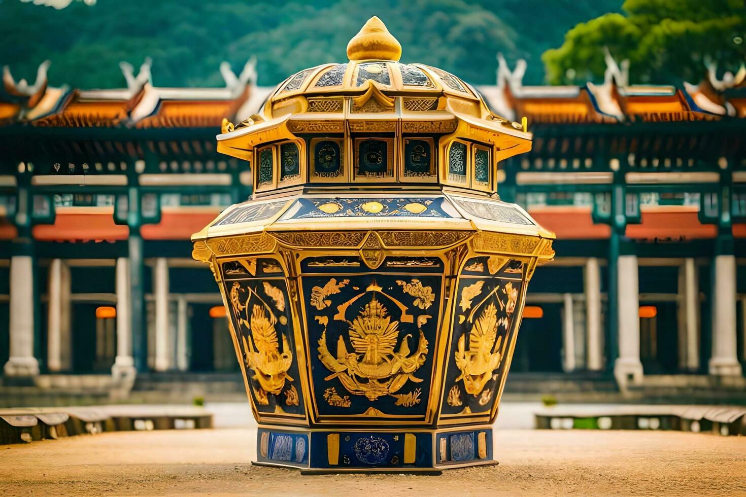 a large golden vase sitting in front of a building. AI-Generated photo
