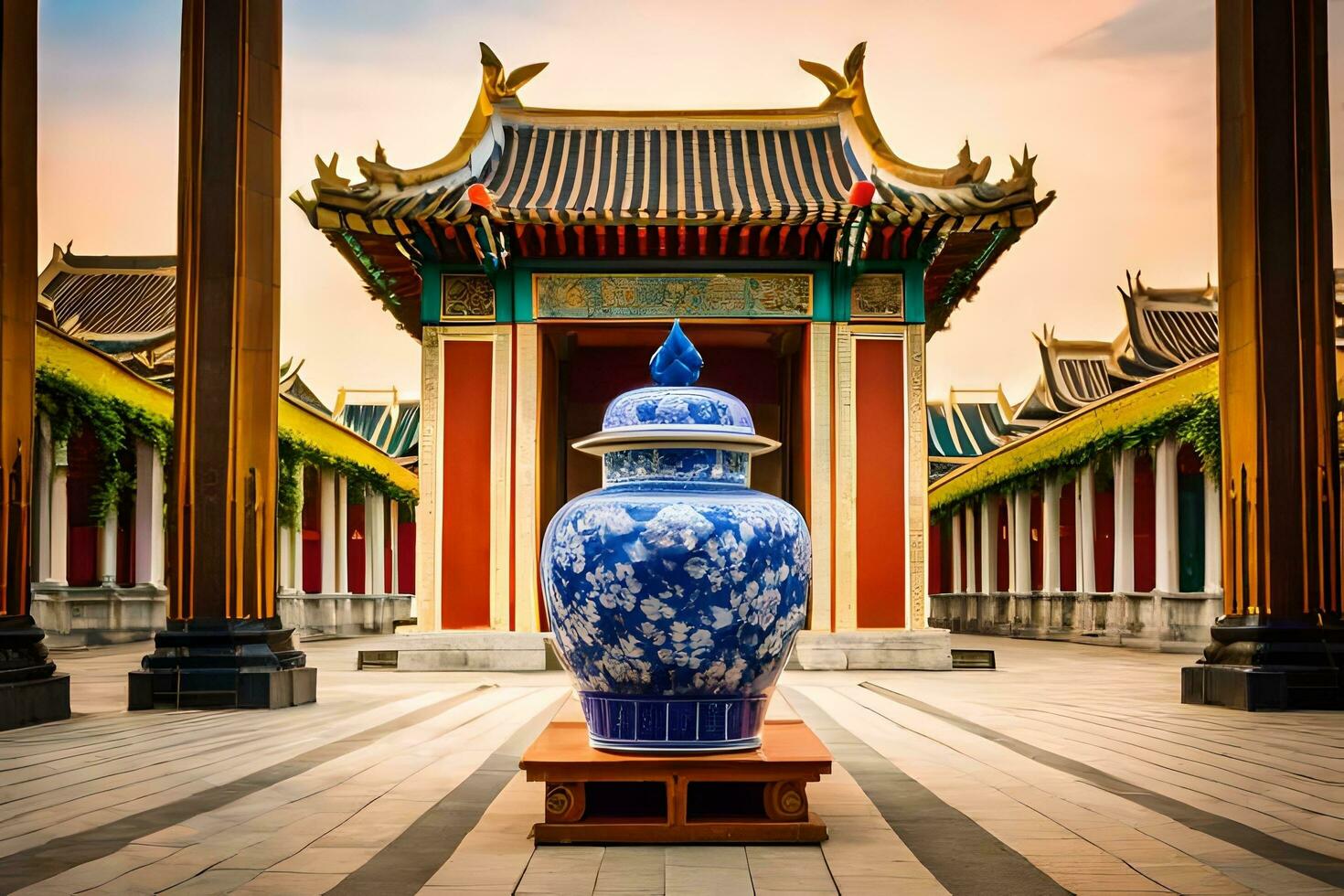a large blue and white vase sitting in front of a building. AI-Generated photo