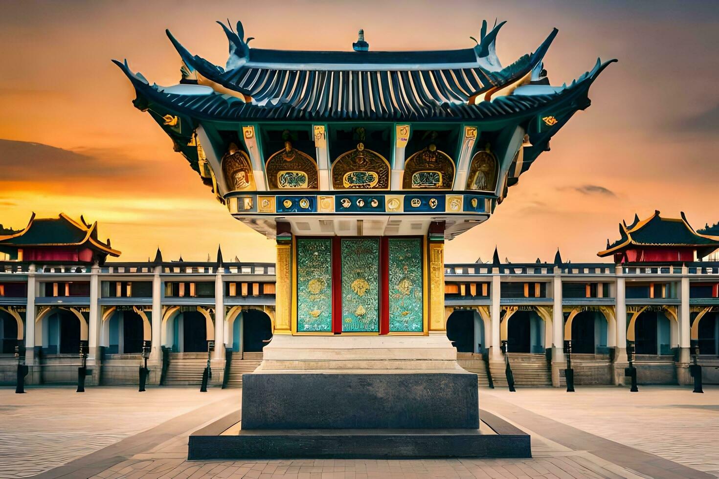 a chinese style building with a large column in front of it. AI-Generated photo