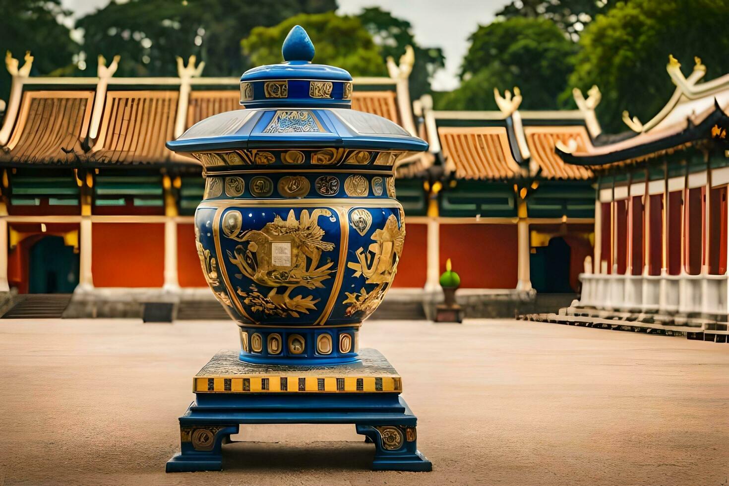 a large blue and gold vase sitting in front of a building. AI-Generated photo