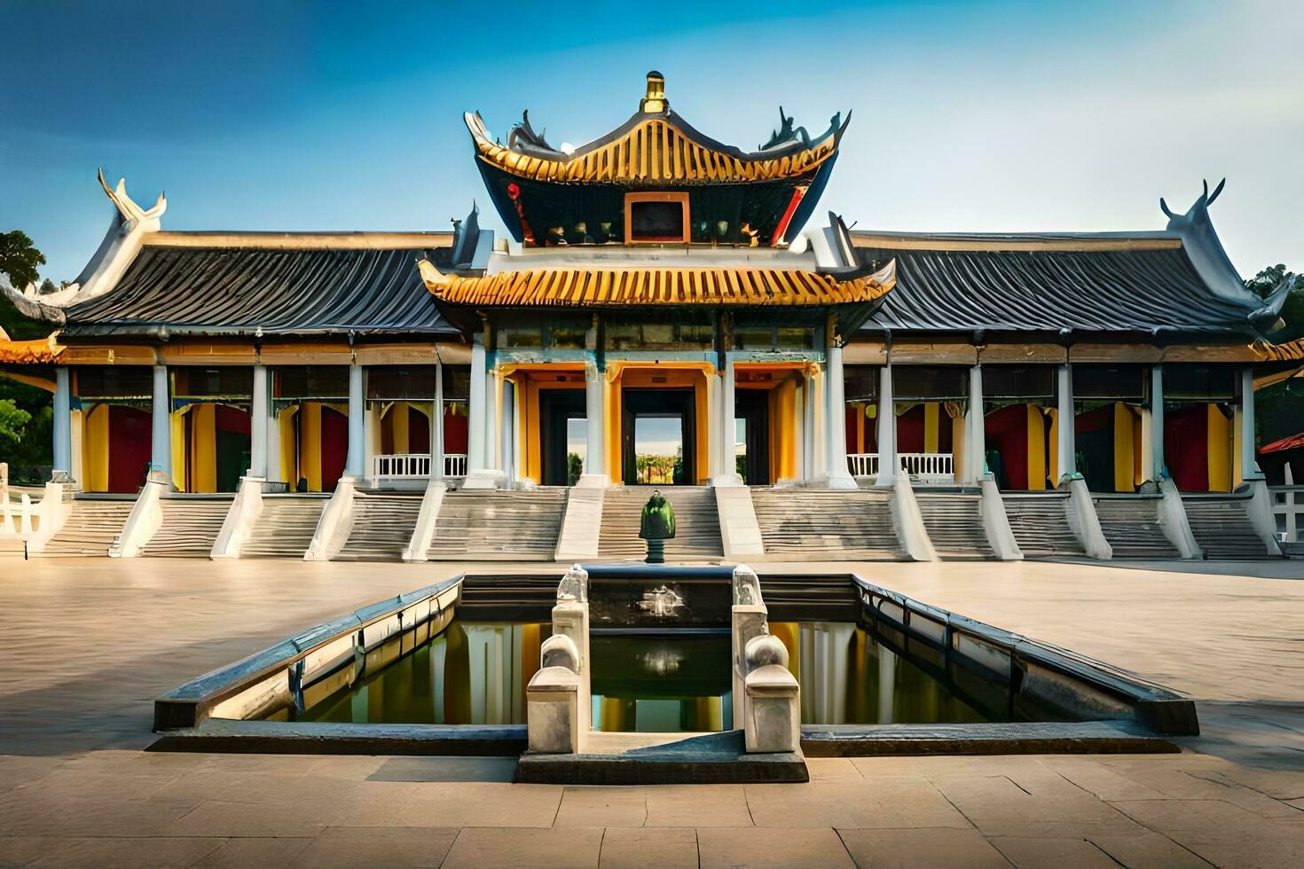 the chinese temple is located in the middle of a park. AI-Generated photo