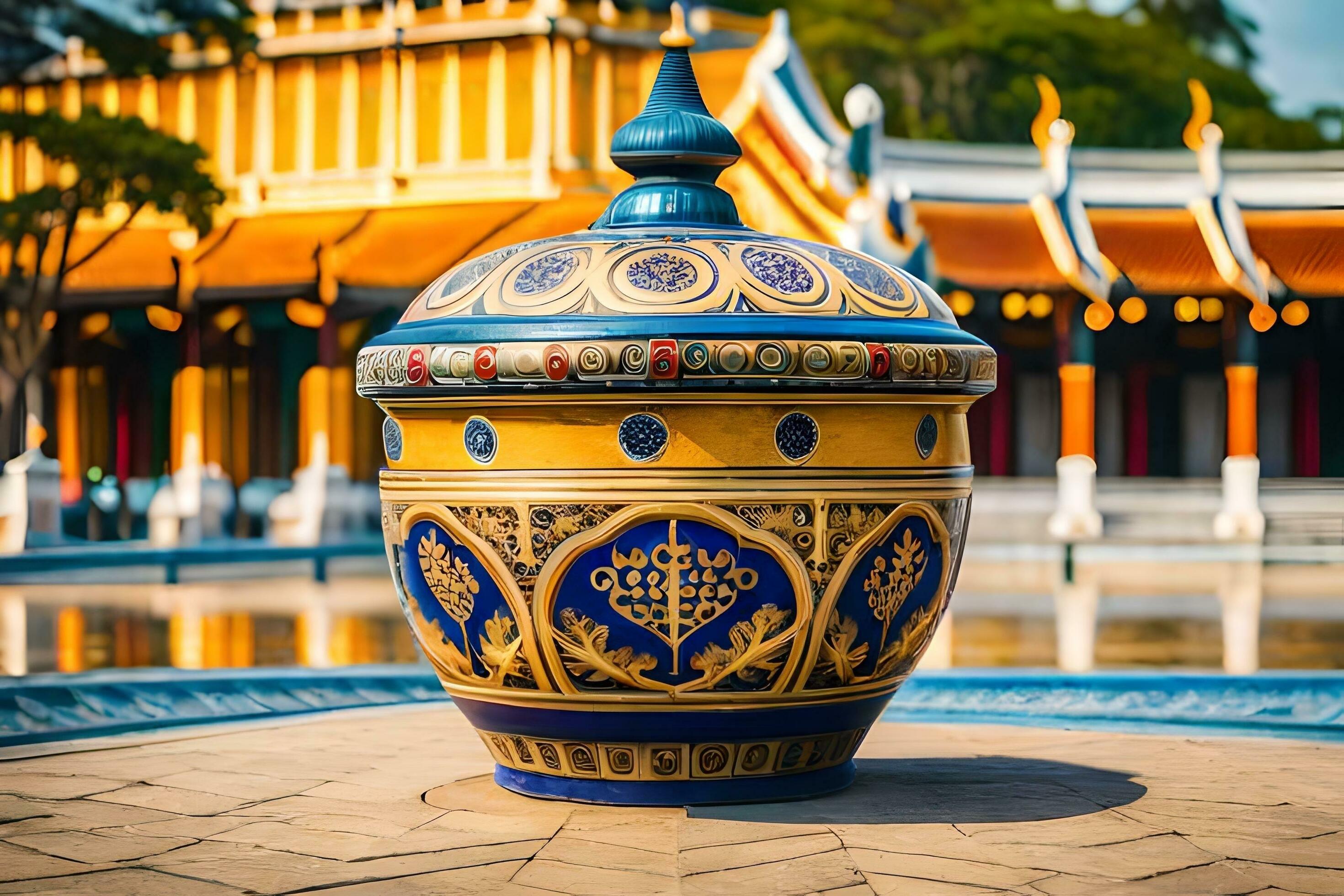 a large vase with intricate designs on it sits in front of a building