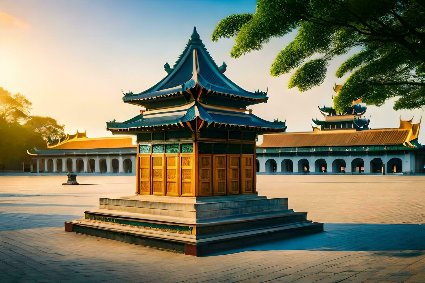 the golden pagoda in the middle of a courtyard. AI-Generated photo